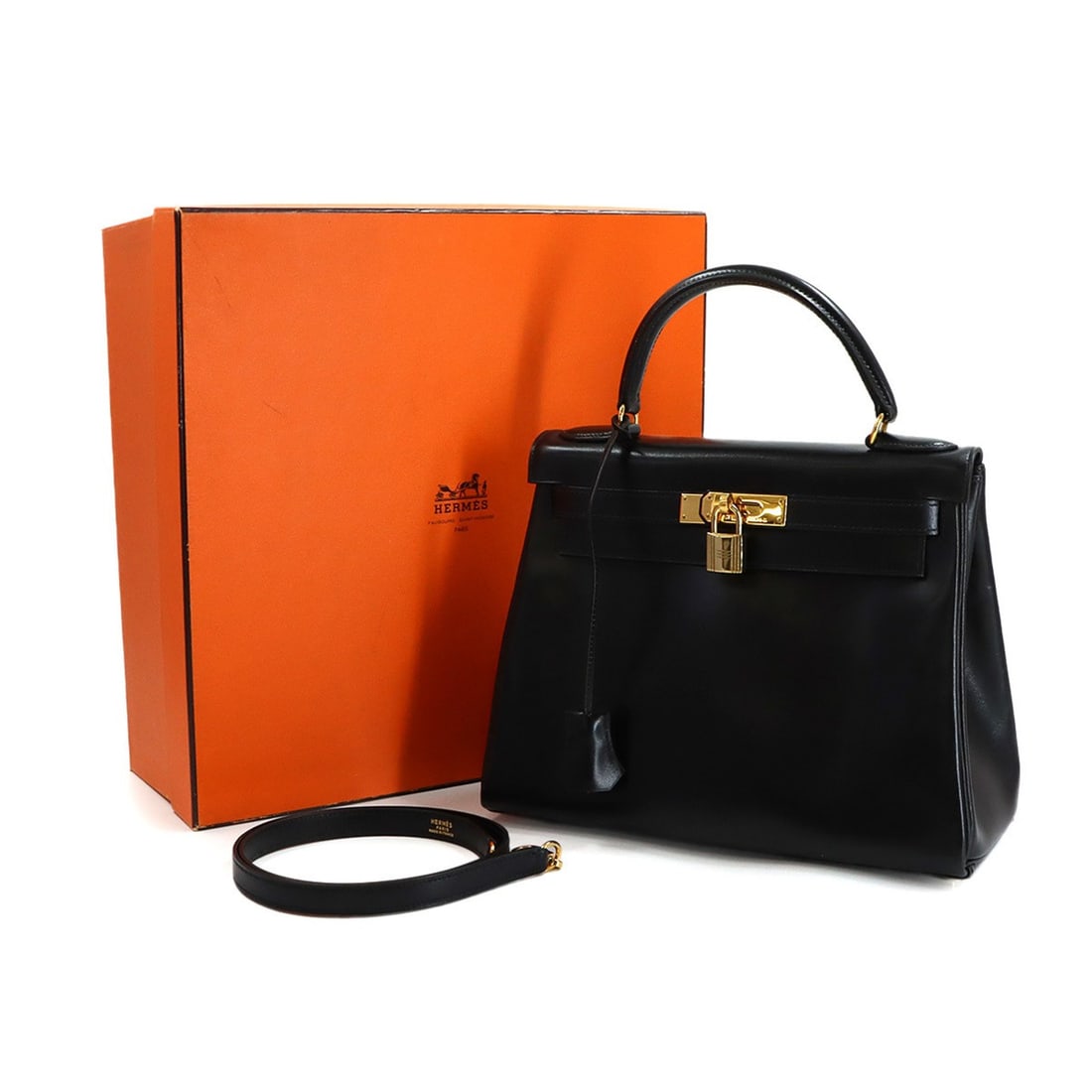 Hermes Kelly 28 Box Calf Black, Inside Stitching, 2-way Hand/Shoulder Handbag, ?X Stamp, Made in: --- Catalog ---Category: SizeSize (HxWxD): 21cm x 27.5cm x 11.5cm / 8.26'' x 10.82'' x 4.52''Category: DesignType: HandbagColor: BlackGender: WomenMaterial: Box calf leather Category: GeneralBrand: He