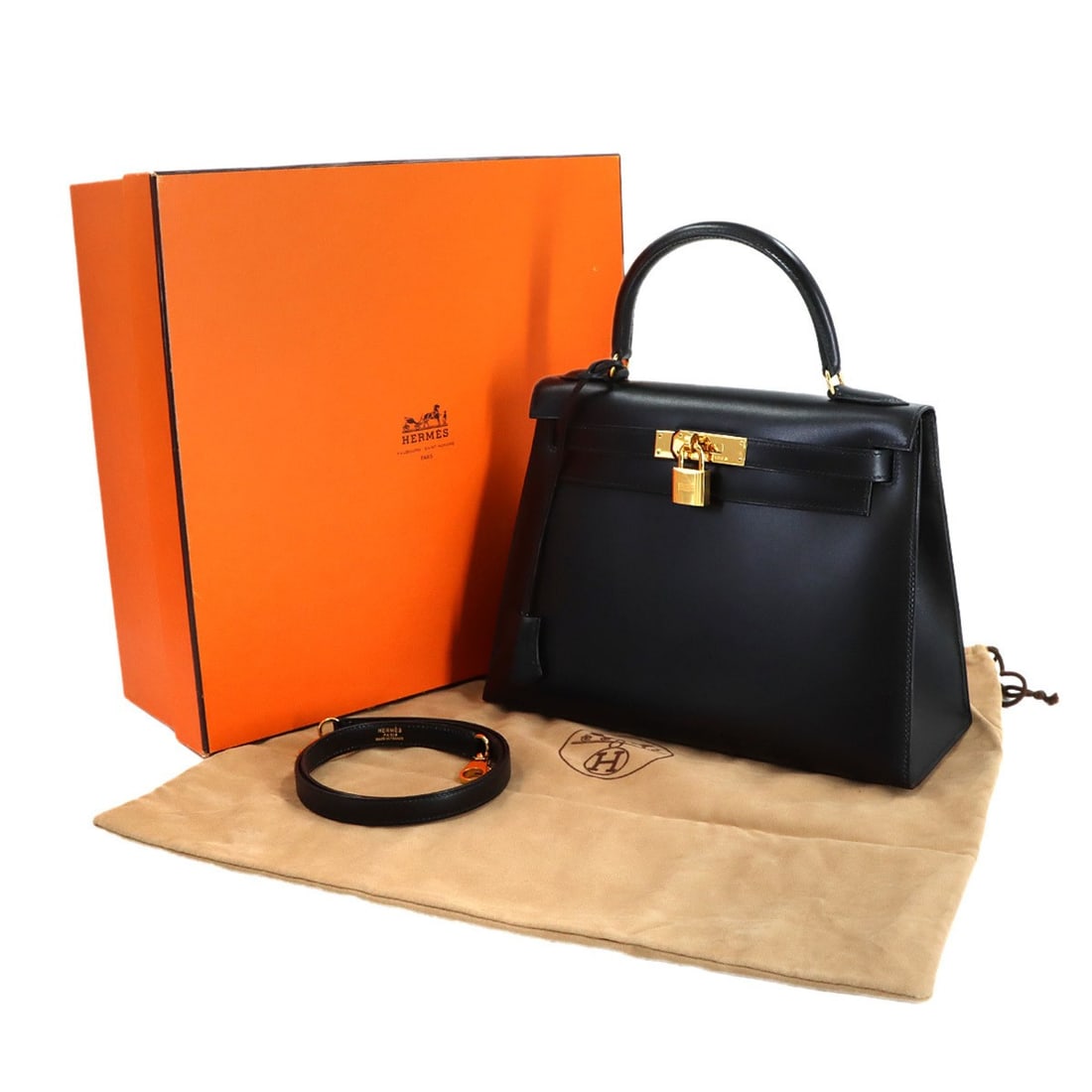 Hermes Kelly 28 Box Calf Black, External Stitching, 2-way Hand/Shoulder Handbag, ?Y Stamp, 1995,: --- Catalog ---Category: SizeSize (HxWxD): 22cm x 29cm x 11.5cm / 8.66'' x 11.41'' x 4.52''Category: DesignType: HandbagColor: BlackGender: WomenMaterial: Box calf leather Category: GeneralBrand: Herm