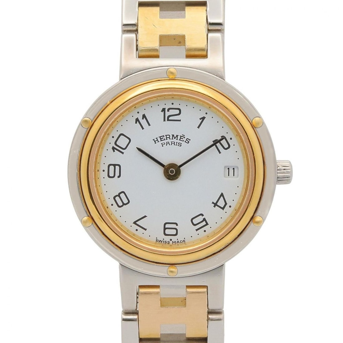 Hermes Clipper watch, gold-plated stainless steel, women's, white, CL2.440: --- Catalog ---Category: SizeWrist Size: 16.5cm / 6.49''Case Diameter: 24mm / 0.94''Category: DesignType: WristwatchGender: WomenColor (Dial): WhiteMaterial (Band): Gold plated, Stainless steelMateria