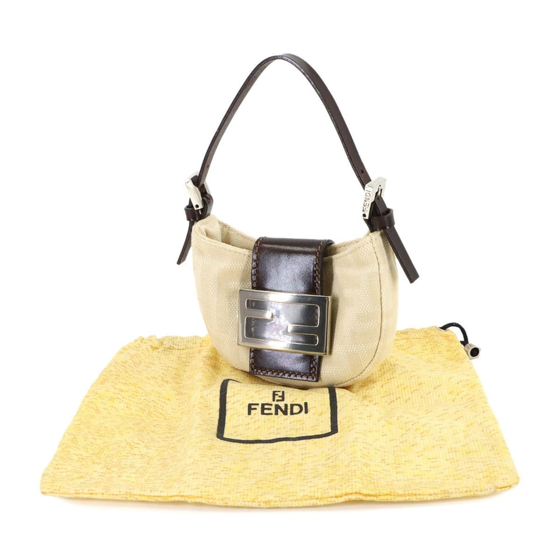 Fendi Zucca Mini Croissant Handbag Pouch, Canvas and Leather, Beige Brown, 26673, Silver Hardware.: --- Catalog ---Category: SizeSize (HxWxD): 9.5cm x 14cm x 3cm / 3.74'' x 5.51'' x 1.18''Category: DesignType: Handbag, PouchColor: Beige, BrownGender: WomenMaterial: Canvas , Leather Category: General