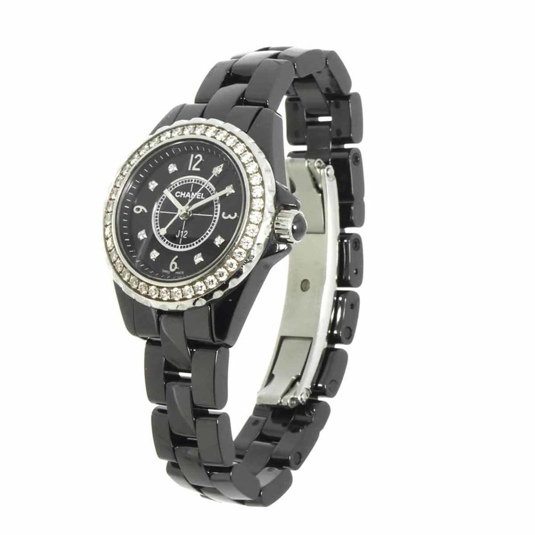 Chanel J12 29mm H2571 Diamond Bezel Women's Watch Black Ceramic 8P Quartz: --- Catalog ---Category: SizeWrist Size: 14.5cm / 5.7''Case Diameter: 29mm / 1.14''Category: DesignType: WristwatchGender: WomenColor (Dial): BlackMaterial (Band): Ceramic, Stainless steelMaterial (Ca