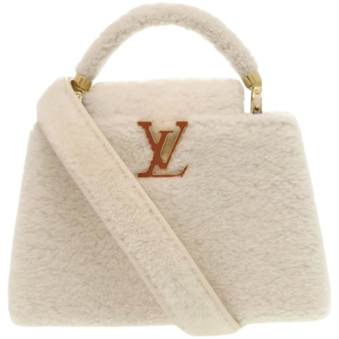 Like New Louis Vuitton Capucines BB Shearling M21089 Lamb Fur Leather White Handbag LV 0238LOUIS: --- Catalog ---Category: SizeSize (HxWxD): 21.5cm x 28cm x 10.5cm / 8.46'' x 11.02'' x 4.13''Category: DesignType: HandbagColor: Brown, WhiteGender: WomenMaterial: Fur , Leather Leather/Fur Type: Lamb