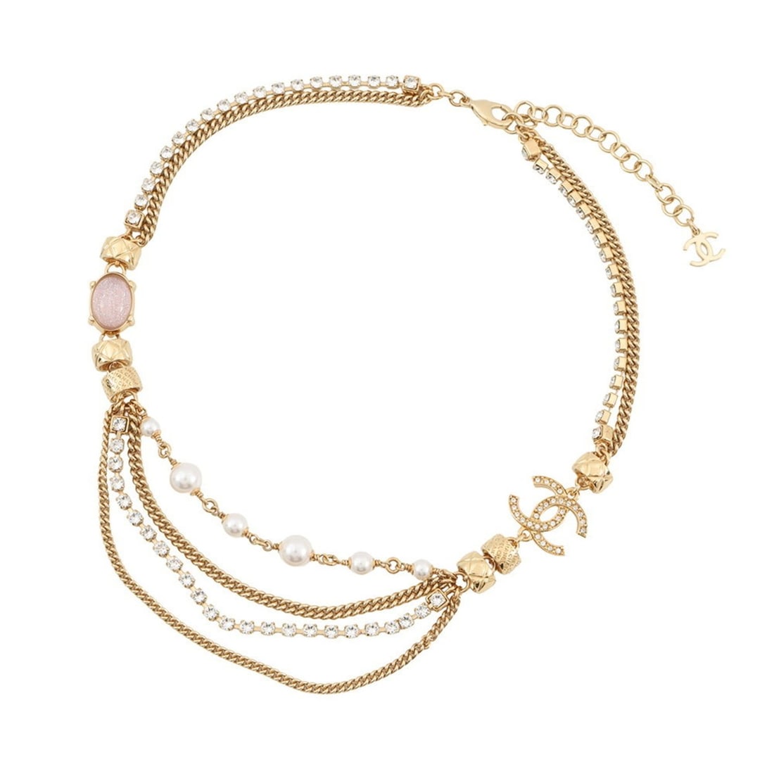 Chanel Necklace, Coco Mark, Stone, Crushed Rhinestone, Faux Pearl, C24P CHANEL Necklace NECKLACE: --- Catalog ---Category: SizePendant Size: 14mm x 20mm / 0.55'' x 0.78''Neck Circumference: 41.5 cm - 48 cm / 16.33'' - 18.89''Category: DesignColor: GoldStone: Artificial pearl, RhinestoneGender: Wom