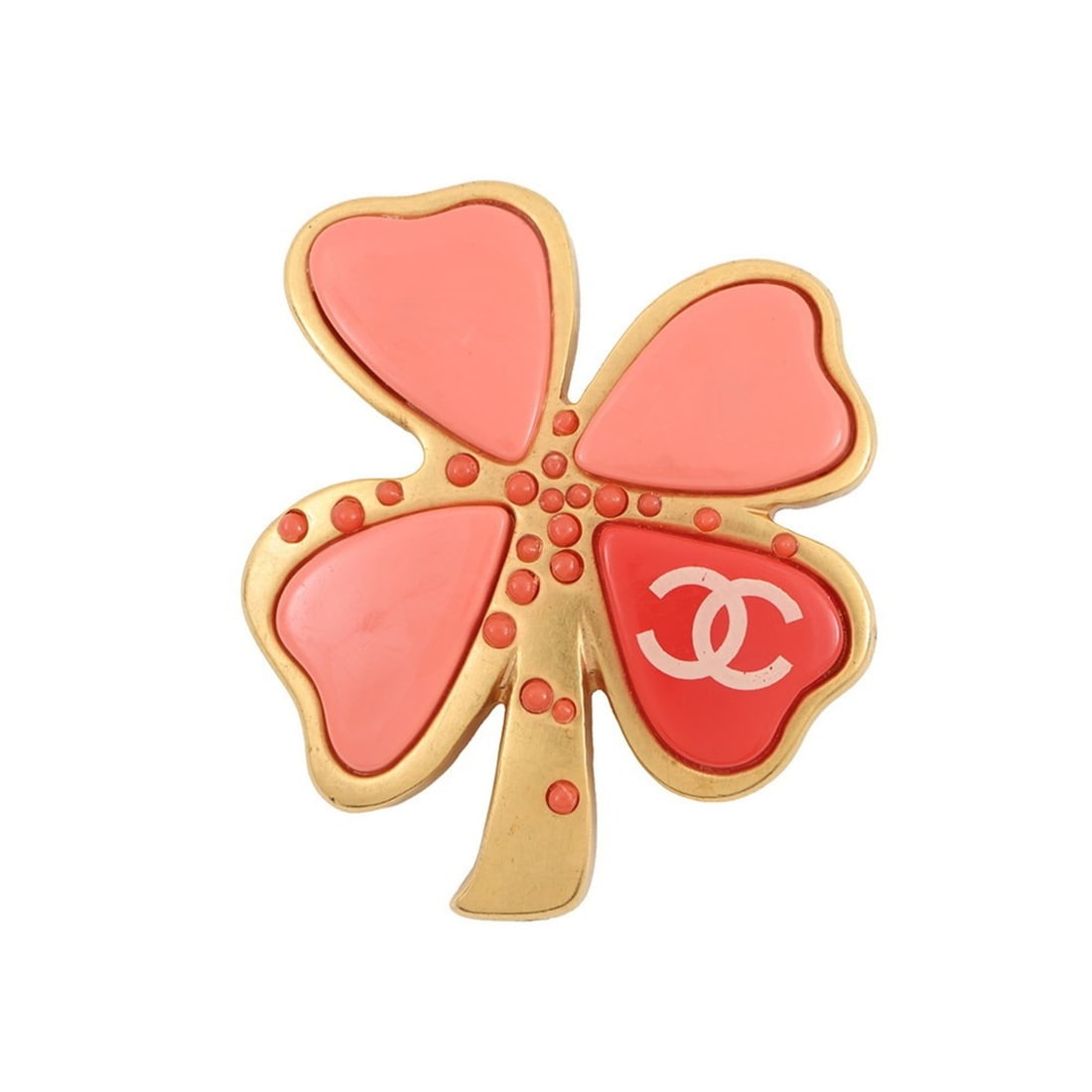 Chanel Brooch Coco Mark Clover 03P CHANEL Women's: --- Catalog ---Category: SizeSize (HxWxD): 5cm x 4.4cm / 1.96'' x 1.73''Category: DesignType: BroochColor: Salmon pinkGender: WomenMaterial: Metal, ResinCategory: GeneralBrand: ChanelCountry of Origin