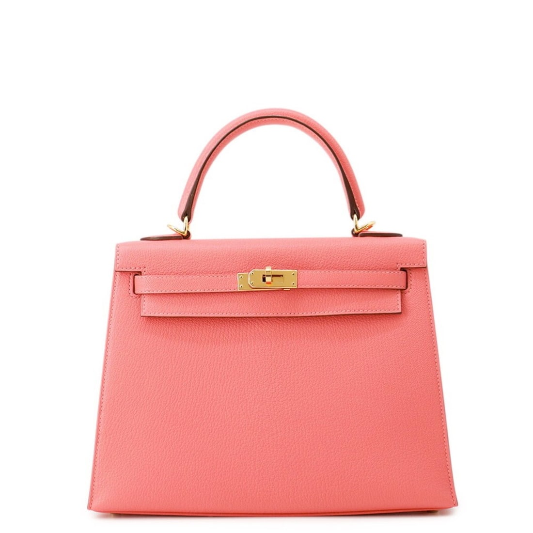 Hermes Kelly 25 handbag, external stitching, Rose Lipstick, Chevre Mysore, D stamp, 2-way shoulder: --- Catalog ---Category: SizeSize (HxWxD): 18cm x 25cm x 10cm / 7.08'' x 9.84'' x 3.93''Category: DesignType: HandbagColor: Pink, Rose pinkGender: WomenMaterial: Chevre myzore leather Category: Genera