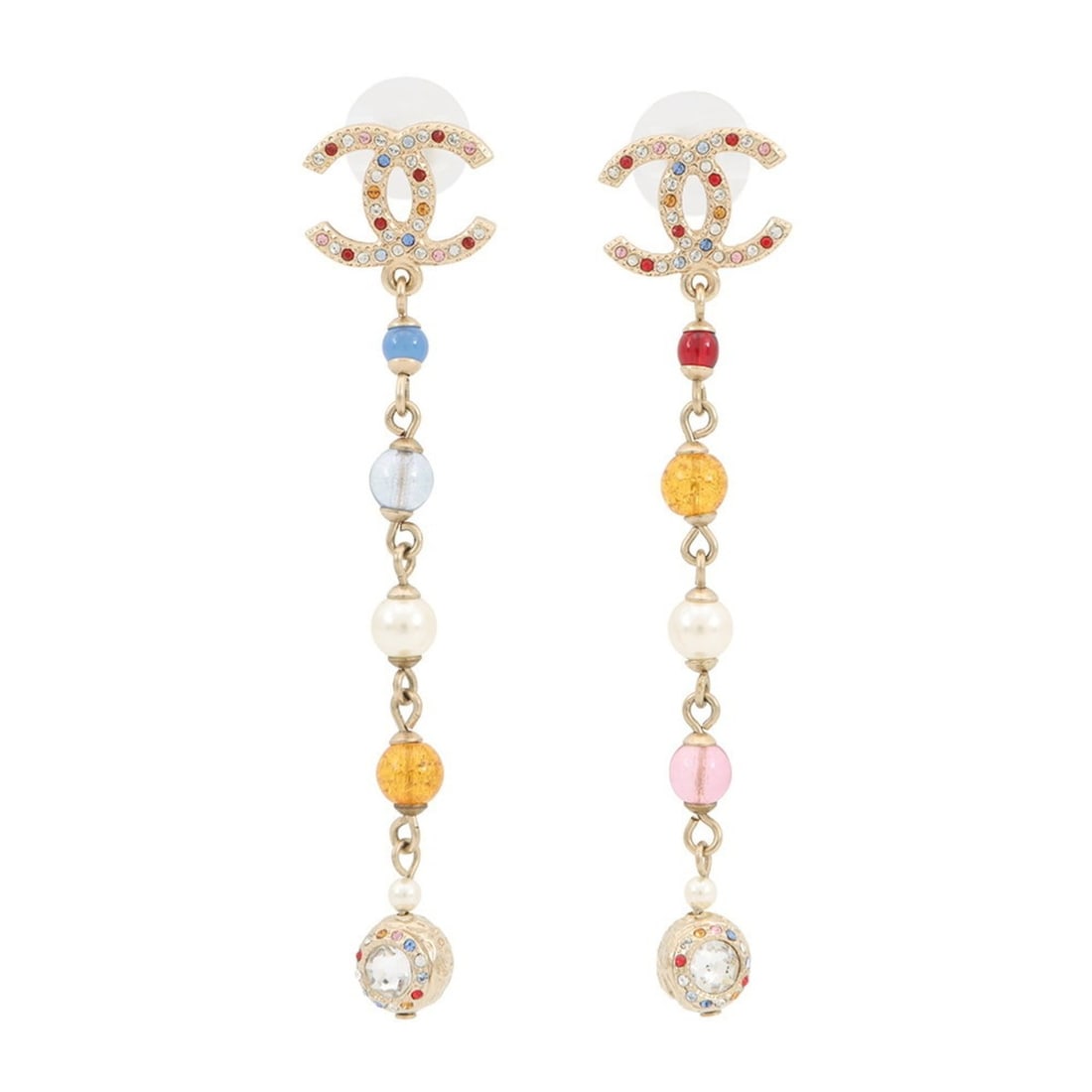 Chanel earrings, Coco Mark, swing rhinestone, faux pearl, colored stone, A20C AB3108, CHANEL: --- Catalog ---Category: SizeStone Size (HxW): 17.00mm x 12.00mm / 0.67'' x 0.47''Category: DesignColor: Champagne goldGender: WomenMaterial: RhinestoneCategory: GeneralMPN: AB3108Brand: ChanelCountry