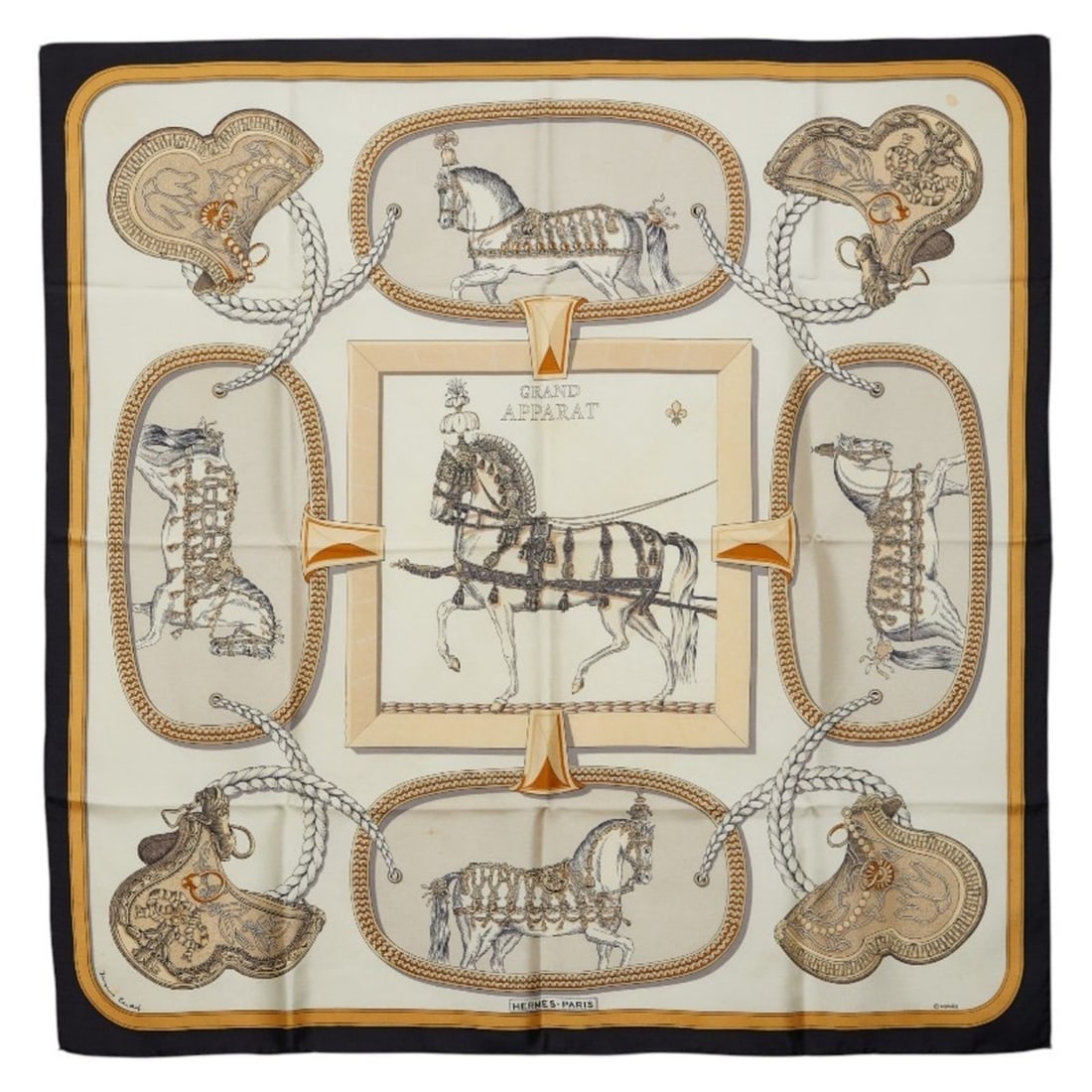 Hermes Carre 90 Tres Grand Apparat (Horse in Attire) Scarf/Muffler, Black, Beige, Ivory, Silk,: --- Catalog ---Category: SizeSize (LxW): 88cm x 89cm / 34.64'' x 35.03''Category: DesignType: ScarfColor: Beige, Black, IvoryGender: WomenMaterial: Silk Category: GeneralBrand: Hermes--- Item List ---