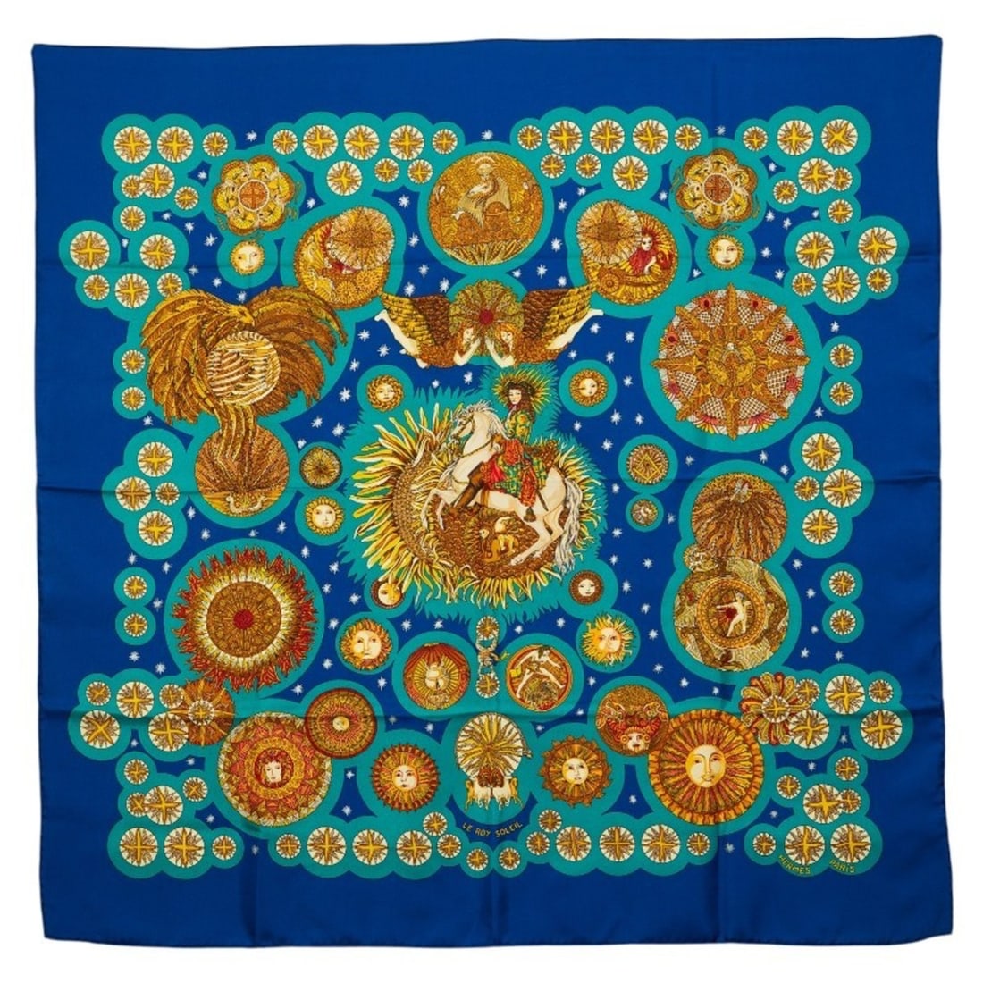 Hermes Carre 90 LE ROY SOLEIL (Sun King) Scarf/Muffler, Blue Multicolor, Women's HERMES: --- Catalog ---Category: SizeSize (LxW): 87cm x 88.5cm / 34.25'' x 34.84''Category: DesignType: ScarfColor: Blue, Multi-colorGender: WomenCategory: GeneralBrand: Hermes--- Item List ---Section: Condit