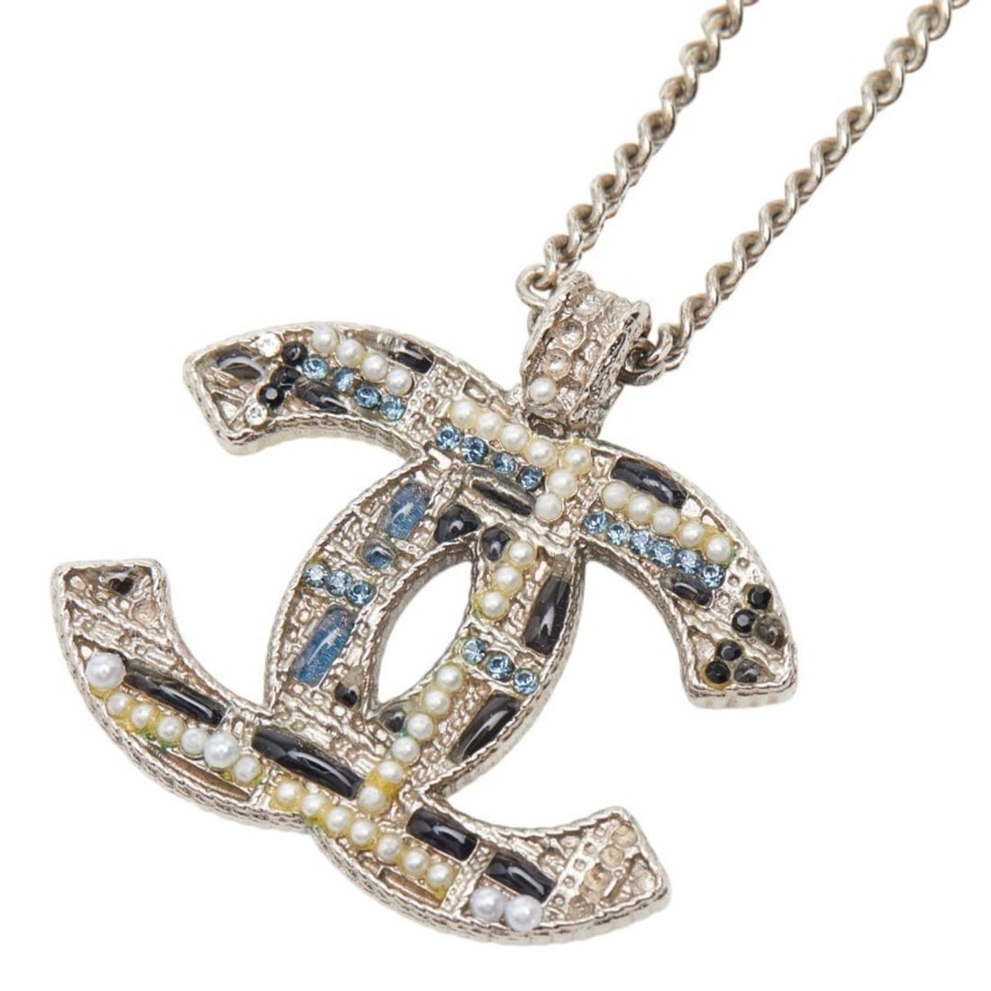 Chanel Coco Mark Pearl Tweed Necklace, Silver, Black, Blue Metal, Women's CHANEL: --- Catalog ---Category: SizePendant Size: 27mm x 28.8mm / 1.06'' x 1.13''Neck Circumference: 58 cm / 22.83''Category: DesignColor: Black, Blue, SilverGender: WomenMaterial: MetalNecklace Type: Neckla