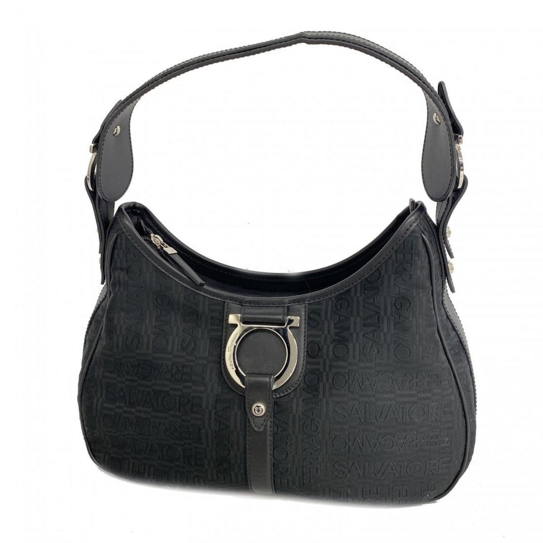 Salvatore Ferragamo Gancini Canvas Shoulder Bag, Black, Women's: --- Catalog ---Category: SizeSize (HxWxD): 18cm x 33cm x 10cm / 7.08'' x 12.99'' x 3.93''Category: DesignType: Shoulder bagColor: BlackGender: WomenMaterial: Canvas Hardware Color: SilverCategory: Gen
