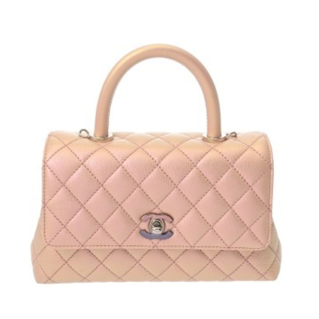 CHANEL Matelassé Top Handle Flap Bag XS Metallic Pink A92990 Women's Caviar Skin Handbag A Rank: --- Catalog ---Category: SizeSize (HxWxD): 13.5cm x 22.5cm x 9.5cm / 5.31'' x 8.85'' x 3.74''Category: DesignType: HandbagColor: Metallic pinkGender: WomenMaterial: Grained Calfskin Hardware Color: Si