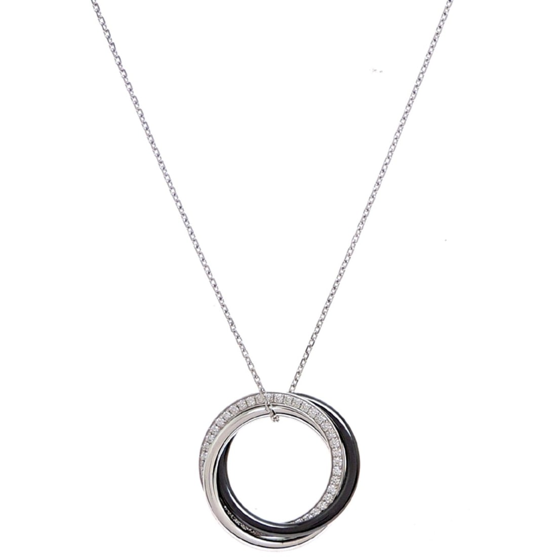 Cartier Trinity Diamond Necklace for Women and Men, B3045500, 750 White Gold, Black Tone: --- Catalog ---Category: SizePendant Size: 20.8mm x 20.8mm / 0.81'' x 0.81''Neck Circumference: 45 cm / 17.71''Category: DesignColor: Black, SilverStone: DiamondGender: Men,WomenMaterial: Ceramic, Whi