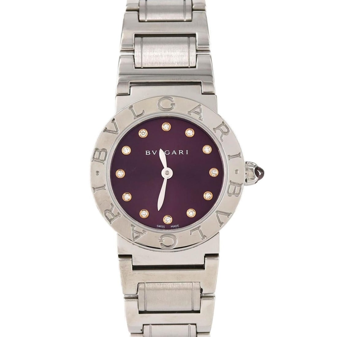 Bulgari 12P BBL26S BBL26C7SS 12 SS Quartz Watch: --- Catalog ---Category: SizeWrist Size: 16cm / 6.29''Case Diameter: 26mm / 1.02''Category: DesignType: WristwatchGender: WomenColor (Dial): PurpleMaterial (Band): Stainless steelMaterial (Case): Stai