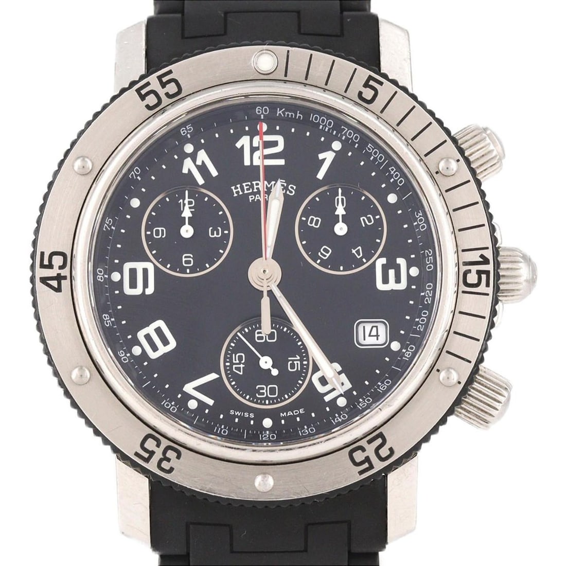 Hermes Clipper Diver Chronograph CL2.915 Stainless Steel x Rubber Quartz Watch: --- Catalog ---Category: SizeWrist Size: 17cm / 6.69''Case Diameter: 39.5mm / 1.56''Category: DesignType: WristwatchGender: MenColor (Dial): BlackMaterial (Band): RubberMaterial (Case): Rubber, Stainl