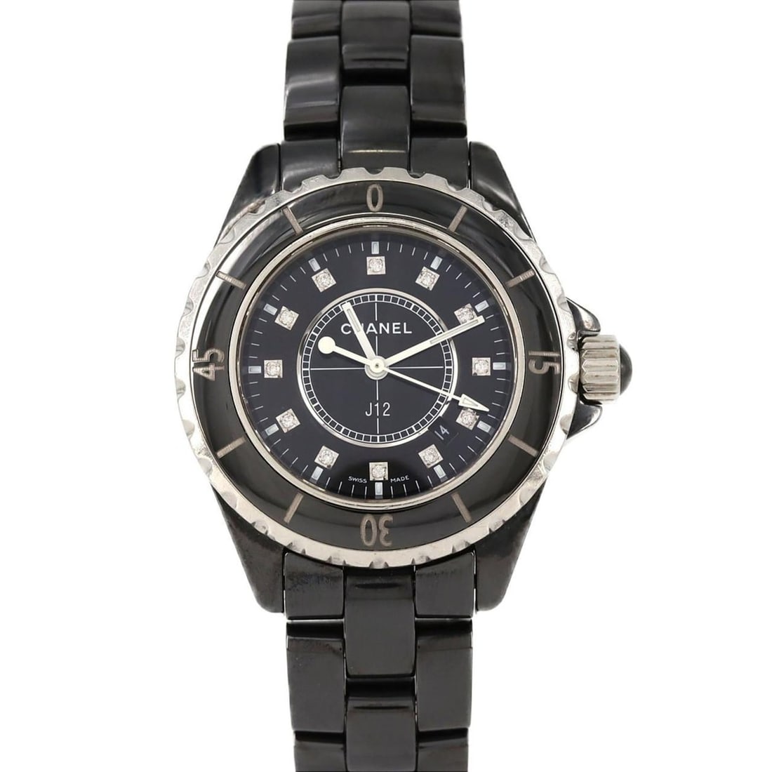 Chanel J12 33mm Ceramic 12P H1625 Quartz Watch: --- Catalog ---Category: SizeWrist Size: 18.5cm / 7.28''Case Diameter: 33mm / 1.3''Category: DesignType: WristwatchGender: WomenColor (Dial): BlackMaterial (Band): CeramicMaterial (Case): CeramicCateg