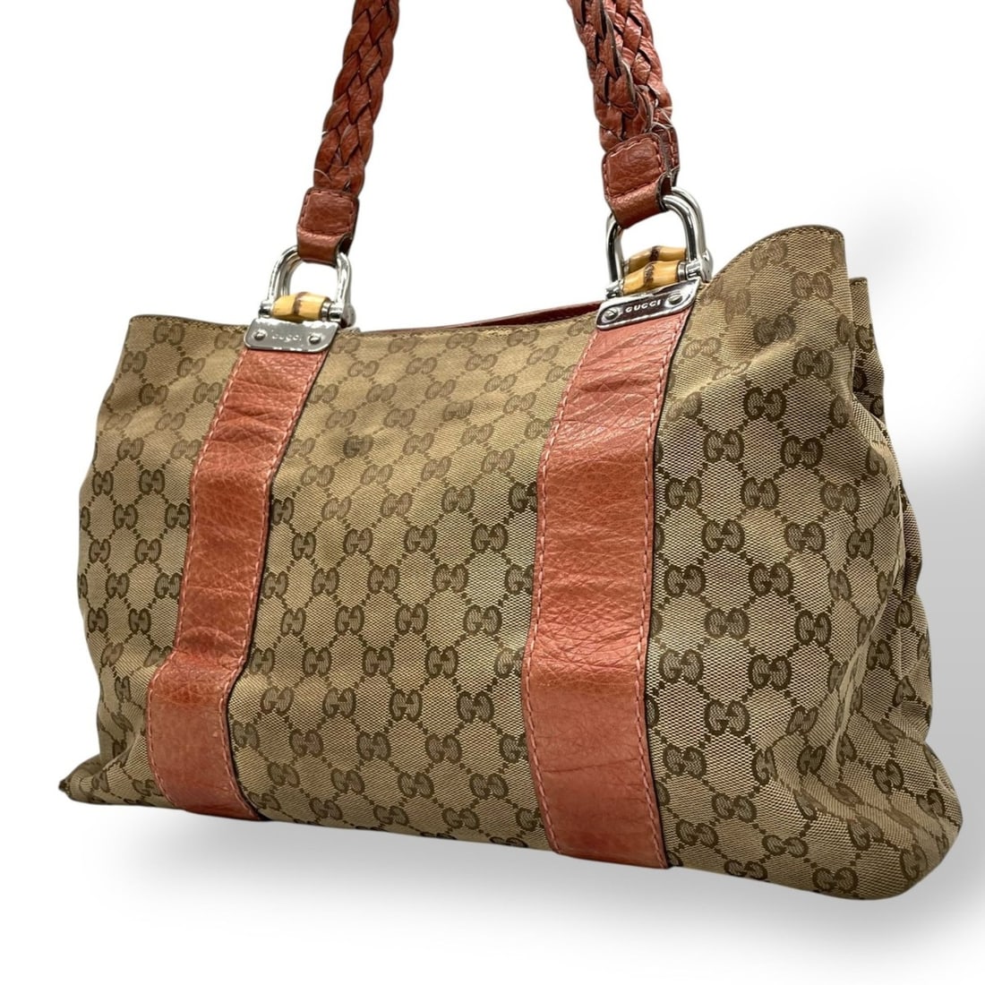 GUCCI GG Canvas Bamboo Tote Bag, Leather, Brown, Silver Hardware, Handbag, Women's, U15: --- Catalog ---Category: SizeSize (HxWxD): 25cm x 39cm x 14cm / 9.84'' x 15.35'' x 5.51''Category: DesignType: Handbag, Tote bagColor: BrownGender: WomenMaterial: GG canvas , Leather Category: General