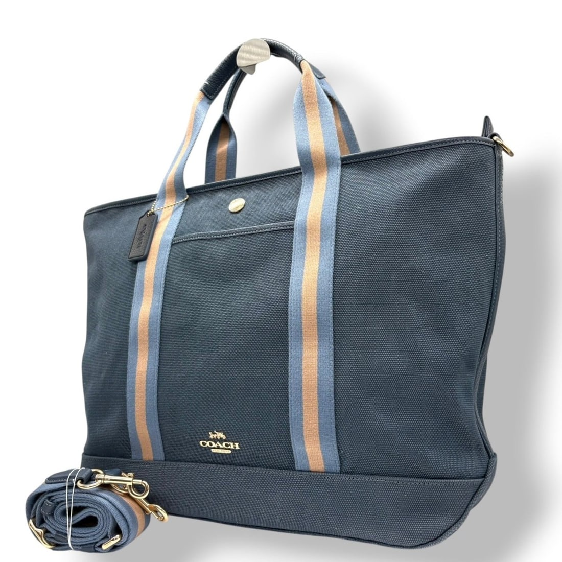 Coach tote bag/shoulder bag, canvas and leather, navy blue stripe, gold hardware, s21: --- Catalog ---Category: SizeSize (HxWxD): 33cm x 47cm x 15cm / 12.99'' x 18.5'' x 5.9''Category: DesignType: Shoulder bag, Tote bagColor: Blue, NavyGender: Women,MenMaterial: Canvas , Leather Categor