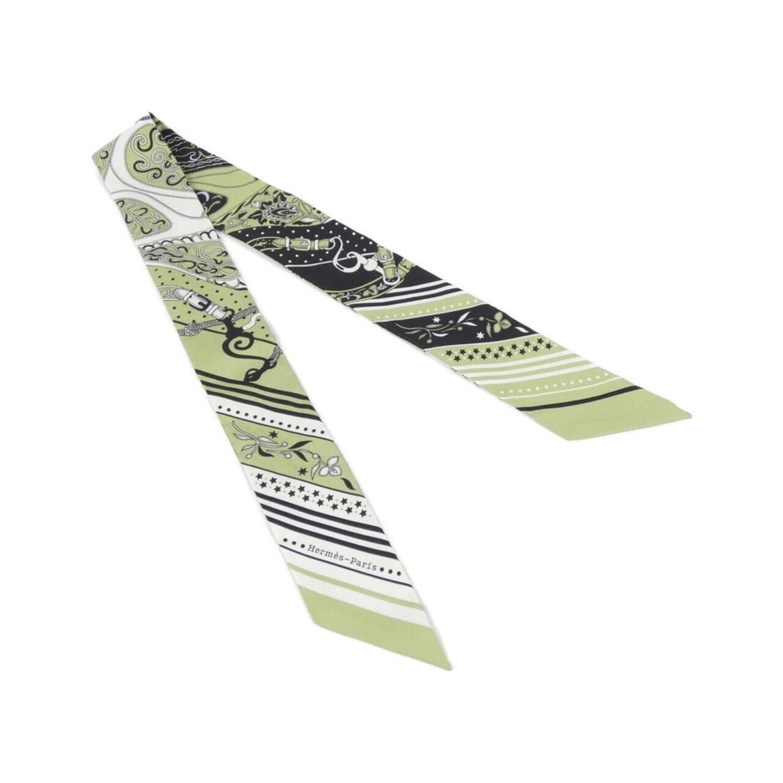 Hermes FESTIVAL DES AMAZONES Twilly 064217S Scarf Muffler: --- Catalog ---Category: SizeSize (LxW): 5cm x 86cm / 1.96'' x 33.85''Category: DesignType: ScarfColor: Black, Green, WhiteGender: WomenMaterial: Silk Category: GeneralMPN: 064217SBrand: Hermes--- Ite