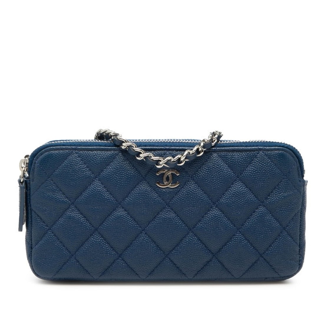 Chanel Matelassé Coco Mark Chain Wallet Shoulder Bag, Blue Caviar Leather, Women's CHANEL: --- Catalog ---Category: SizeStrap Drop: 61cm / 24.01''Size (HxWxD): 9cm x 18cm x 3cm / 3.54'' x 7.08'' x 1.18''Category: DesignType: Shoulder bagColor: BlueGender: WomenClosure: ZipperMaterial: Grain