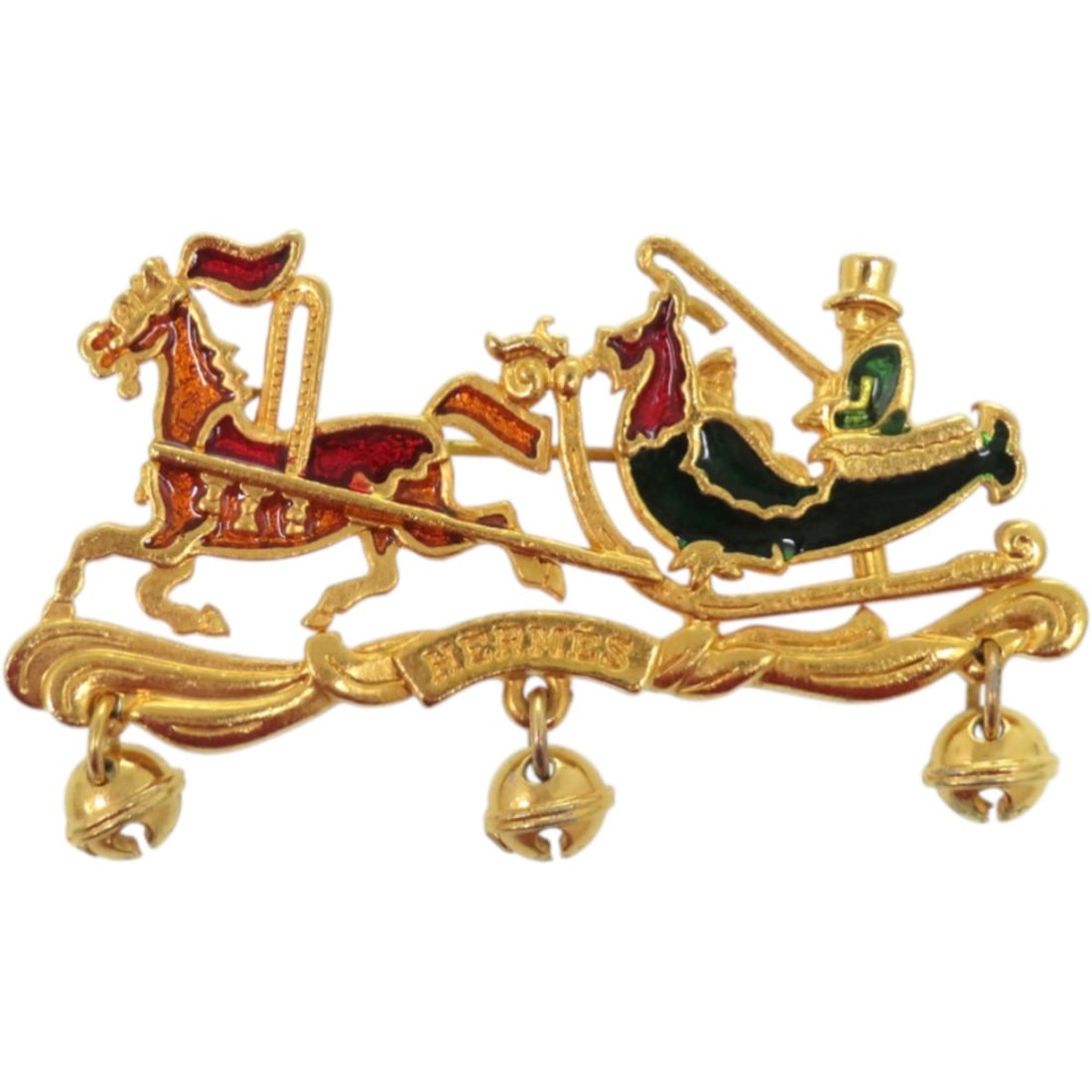 Excellent condition Hermes Christmas reindeer Santa cloisonné metal gold brooch 0798HERMES: --- Catalog ---Category: DesignType: BroochColor: Gold, Red colorGender: WomenMaterial: MetalCategory: GeneralBrand: Hermes--- Item List ---Section: ConditionRanking: Rank AB Used - Traces of usage, s
