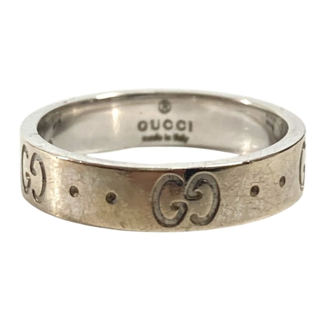 GUCCI 18K Gold GG Logo Icon Ring, WG750, Women's Silver Accessory/Jewelry Ring.: --- Catalog ---Category: SizeJP Size: 9US Size: 5Category: DesignType: Band ringColor: SilverGender: WomenMaterial: White gold (18K)Category: GeneralBrand: GucciCountry of Origin: Japan--- Item List -