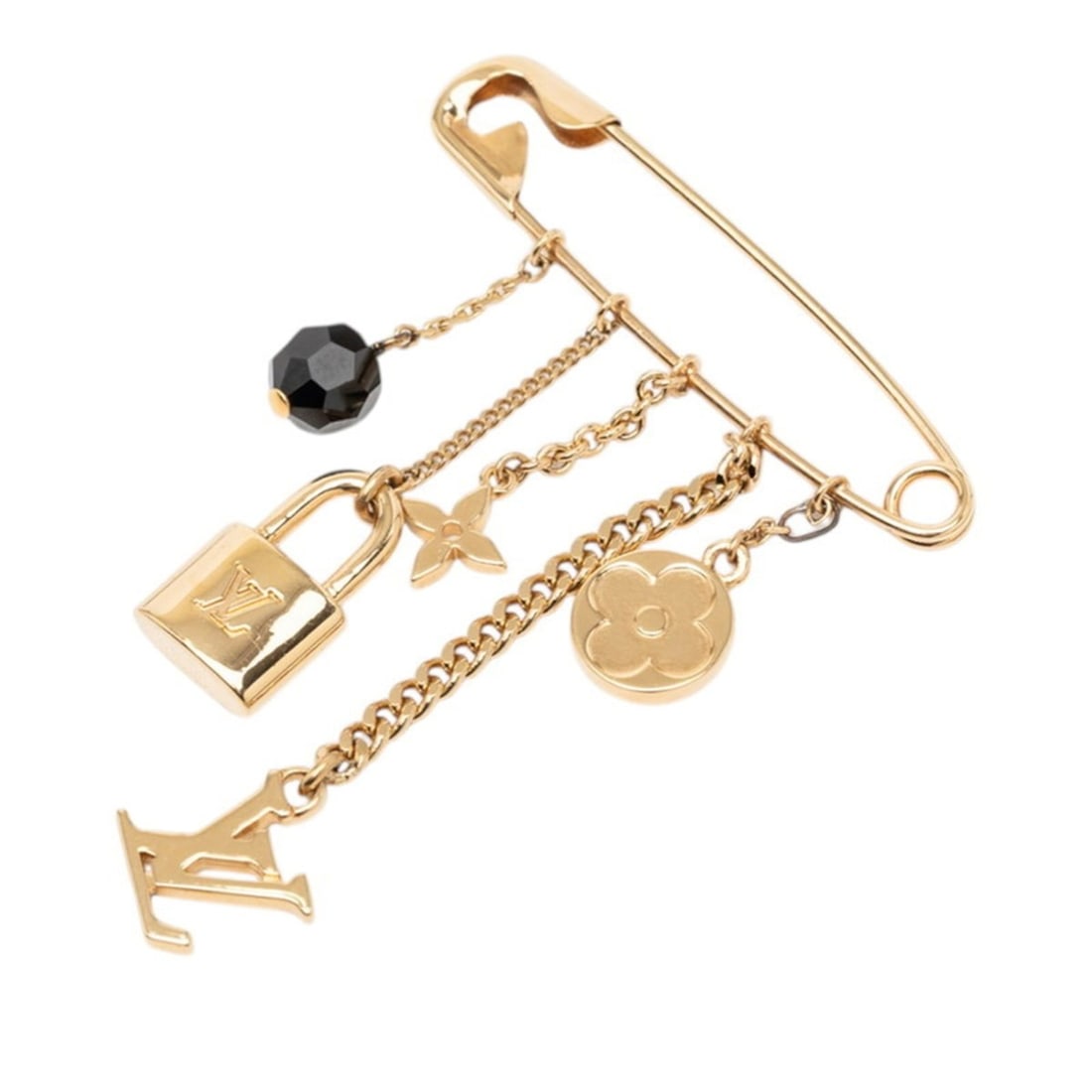 Louis Vuitton LV Logo Padlock Pin Brooch, Gold and Black Plated, Women's LOUIS VUITTON: --- Catalog ---Category: SizeSize (HxWxD): 6.5cm x 5cm / 2.55'' x 1.96''Category: DesignType: Pin broochColor: Black, GoldGender: WomenMaterial: Gold platingCategory: GeneralBrand: Louis Vuitton--- It