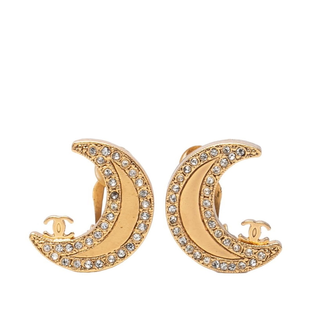 Chanel Coco Mark Crescent Moon Rhinestone Earrings, Gold Plated, Women's CHANEL: --- Catalog ---Category: SizeSize (HxWxD): 21.50mm x 17.40mm / 0.85'' x 0.69''Category: DesignType: Clip earringsColor: GoldStone: RhinestoneGender: WomenMaterial: Gold platingCategory: GeneralBrand:
