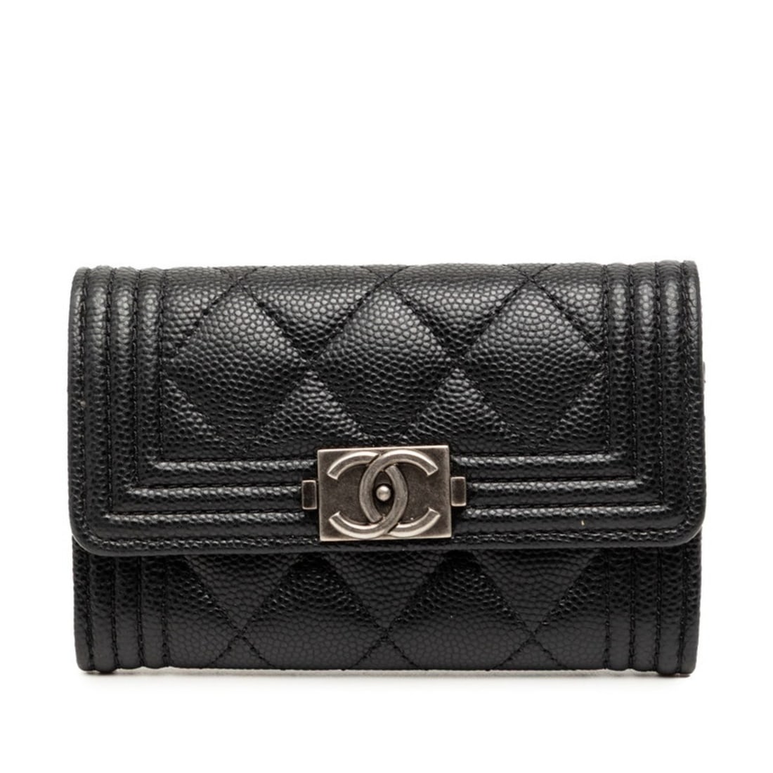 Chanel Coco Mark Matelassé Boy Business Card Holder/Card Case/Pass Case, Black Caviar Leather,: --- Catalog ---Category: DesignType: Card caseColor: BlackGender: WomenMaterial: Grained Calfskin Category: GeneralBrand: ChanelCategory: Physical PropertiesSize (HxWxD): 7cm x 11cm x 1cm / 2.75'' x 4