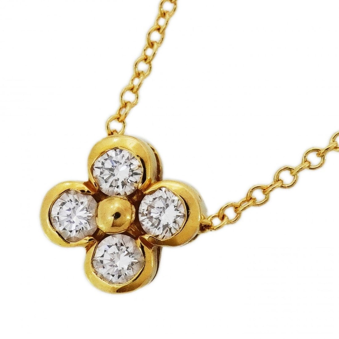 Tiffany & Co. Bezel Flower Necklace, 4PD (4 Diamonds), 18K Yellow Gold, Ladies' Necklace: --- Catalog ---Category: SizePendant Size: 6.6mm x 6.6mm / 0.25'' x 0.25''Neck Circumference: 41 cm / 16.14''Category: DesignStone: DiamondGender: WomenMaterial: Yellow gold (18K)Necklace Type: Neckla