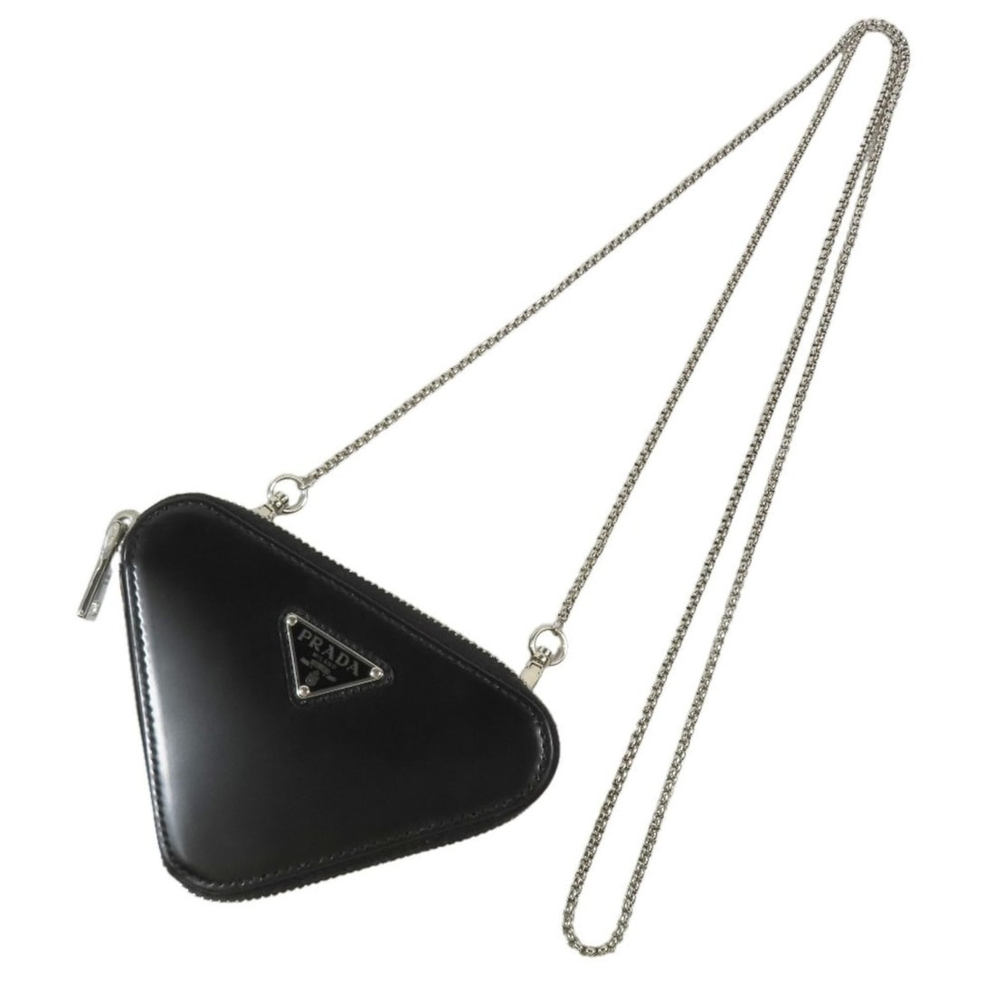 PRADA Triangle Logo Plate Shoulder Mini Bag Chain Handbag Pouch Wallet/Coin Case Leather Black: --- Catalog ---Category: SizeSize (HxWxD): 8.5cm x 13cm x 2cm / 3.34'' x 5.11'' x 0.78''Category: DesignType: Handbag, PouchColor: BlackGender: Men,WomenMaterial: Leather Category: GeneralMPN: 1NR005B