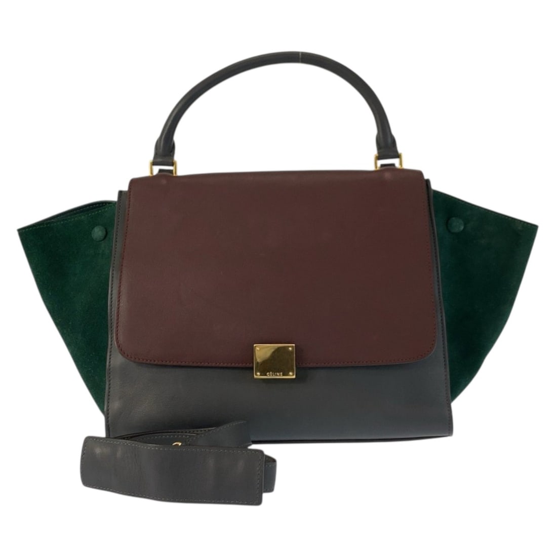 CELINE Trapeze Bag, Burgundy, Gray, Green Leather and Suede, U-MP-0112, 2-way Handbag/Shoulder Bag: --- Catalog ---Category: SizeSize (HxWxD): 24cm x 48cm x 16cm / 9.44'' x 18.89'' x 6.29''Category: DesignType: Handbag, Shoulder bagColor: Burgundy, Gray, GreenGender: WomenMaterial: Leather , Suede C