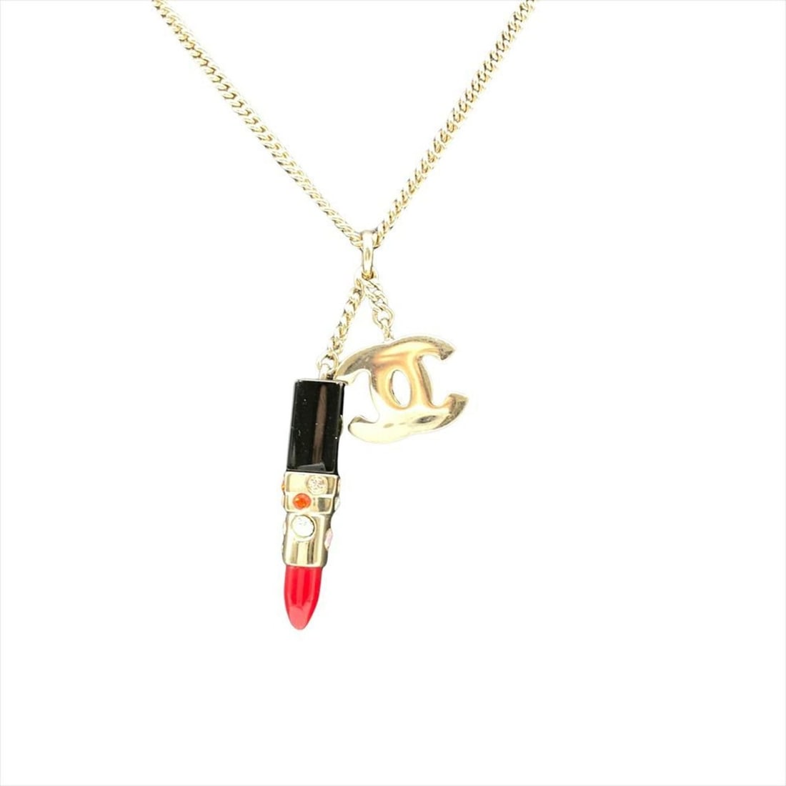 Chanel lipstick necklace with rouge motif and Coco Mark, GPg red gold hardware, 05P, for women.: --- Catalog ---Category: SizePendant Size: 40mm x 13mm / 1.57'' x 0.51''Neck Circumference: 41 cm / 16.14''Category: DesignColor: Red colorGender: WomenMaterial: Gold platingNecklace Type: NecklaceCat