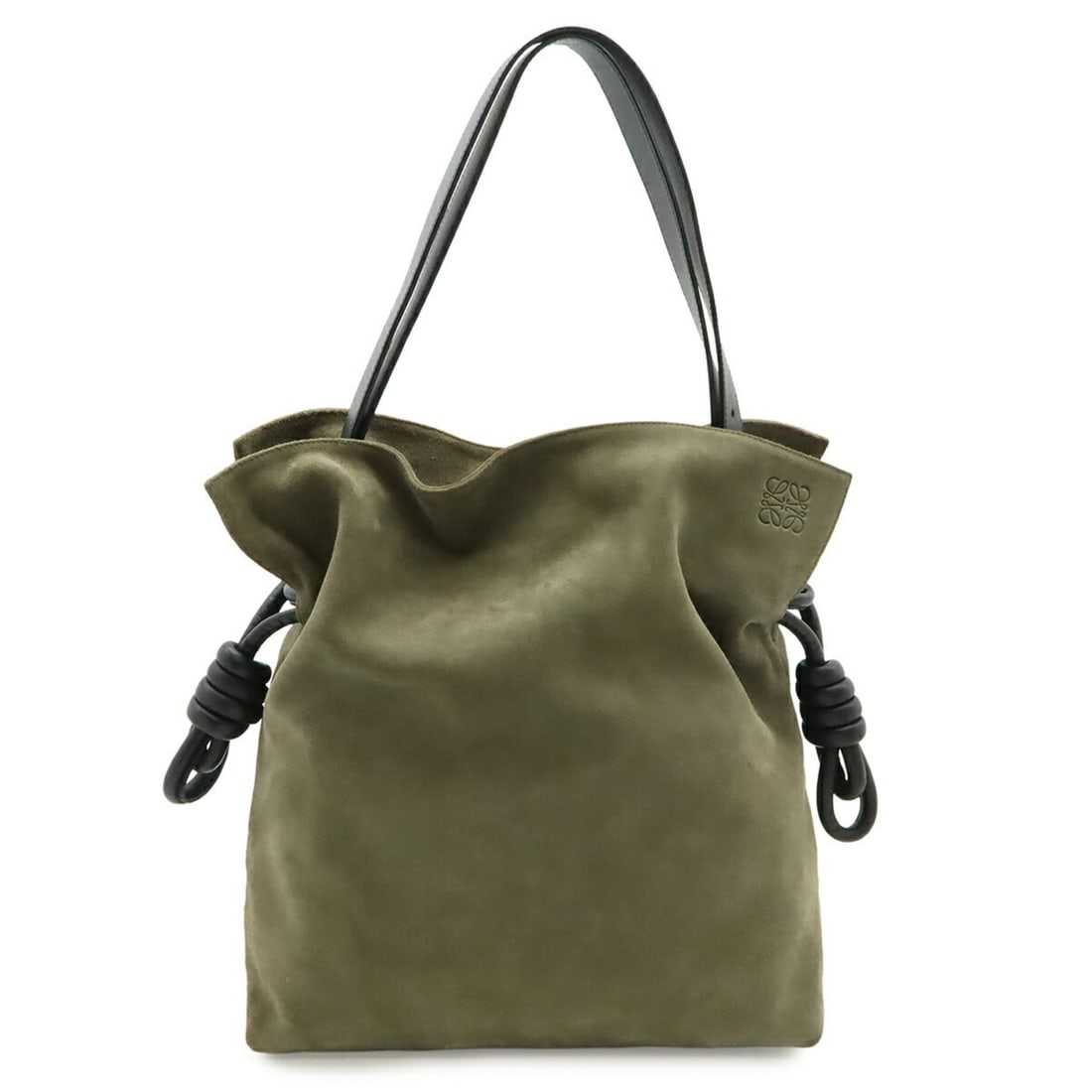 LOEWE Flamenco Knot Shoulder Bag, Suede Leather, Khaki Gray: --- Catalog ---Category: SizeSize (HxWxD): 37cm x 32cm x 14cm / 14.56'' x 12.59'' x 5.51''Category: DesignType: Shoulder bagColor: Gray, KhakiGender: WomenMaterial: Suede Category: GeneralBrand: Loewe