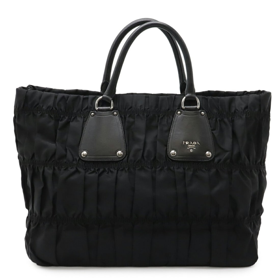 PRADA gathered tote bag, large handbag, nylon and leather, NERO black, purchased from a domestic: --- Catalog ---Category: SizeSize (HxWxD): 31.5cm x 38.5cm x 17cm / 12.4'' x 15.15'' x 6.69''Category: DesignType: Handbag, Tote bagColor: Black, NeroGender: WomenMaterial: Nylon Category: GeneralMPN: