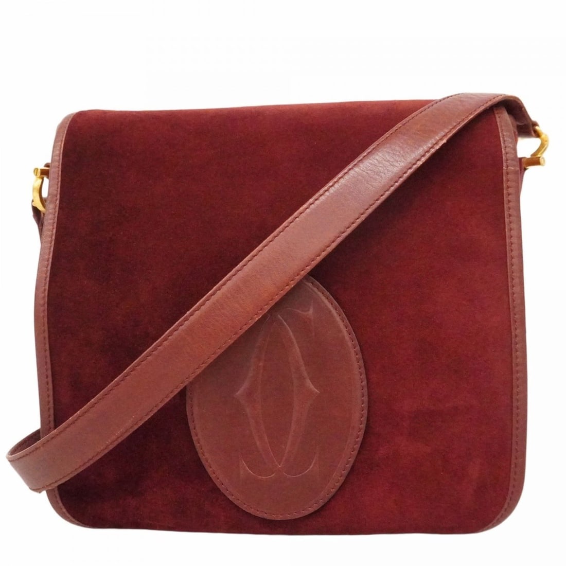 Cartier Must Suede Shoulder Bag, Bordeaux, Women's: --- Catalog ---Category: SizeSize (HxWxD): 22cm x 25cm x 6.5cm / 8.66'' x 9.84'' x 2.55''Category: DesignType: Shoulder bagColor: BordeauxGender: WomenMaterial: Suede Hardware Color: GoldCategory: Gen