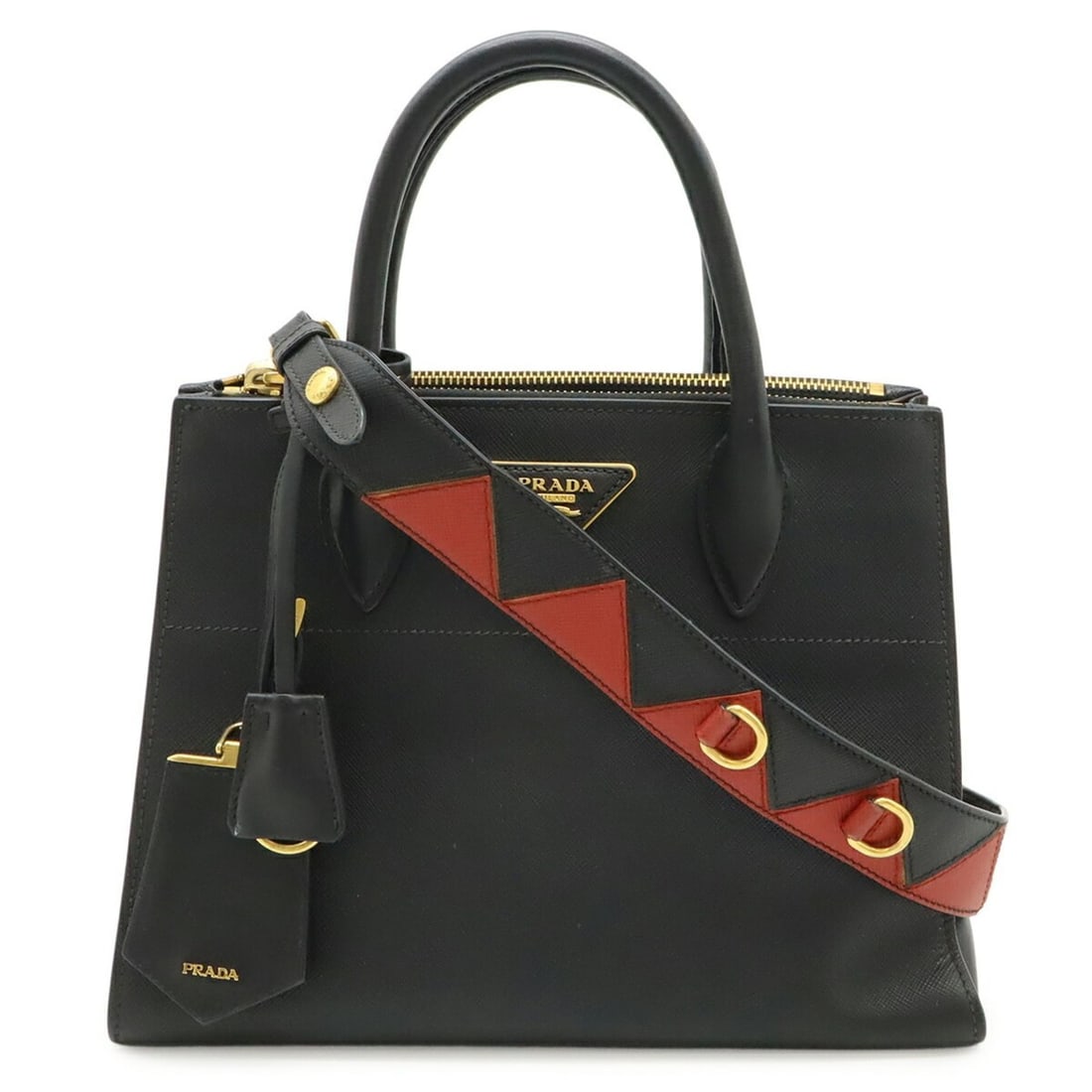 PRADA Paradigm handbag/shoulder bag, Saffiano leather, NERO (black), FUOCO (red), 1BA103: --- Catalog ---Category: SizeWeight: 880g / 1.94lb.Size (HxWxD): 20.5cm x 27cm x 13.5cm / 8.07'' x 10.62'' x 5.31''Strap Length: 95cm / 37.4''Category: DesignType: Handbag, Shoulder bagColor: Black, F