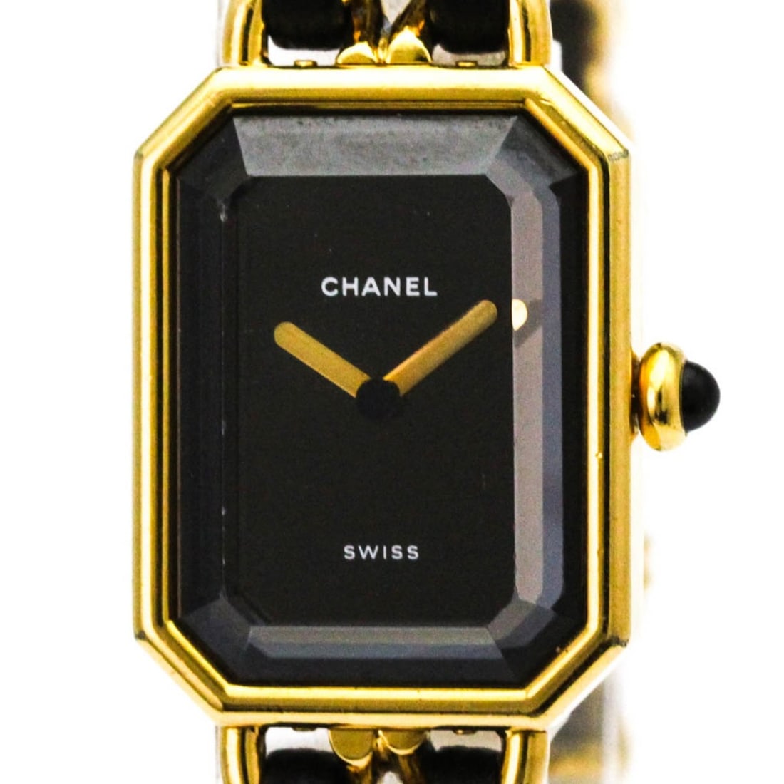 CHANEL Premiere Size M Gold Plated Quartz Ladies Watch H0001: --- Catalog ---Category: SizeCase Diameter: 20mm / 0.79''Category: DesignType: WristwatchStyle: Dress/FormalGender: WomenColor (Dial): BlackMaterial (Band): Gold plated, LeatherMaterial (Case): Gold p