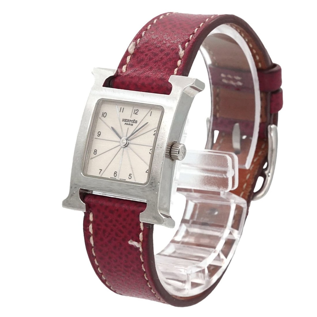 Hermes H-Watch HH1 210 Women's Watch Silver Red Quartz H: --- Catalog ---Category: SizeWrist Size: 13.5cm - 16cm / 5.31'' - 6.29''Case Diameter: 21mm / 0.83''Category: DesignType: WristwatchGender: WomenColor (Dial): SilverMaterial (Band): Leather, Stainless