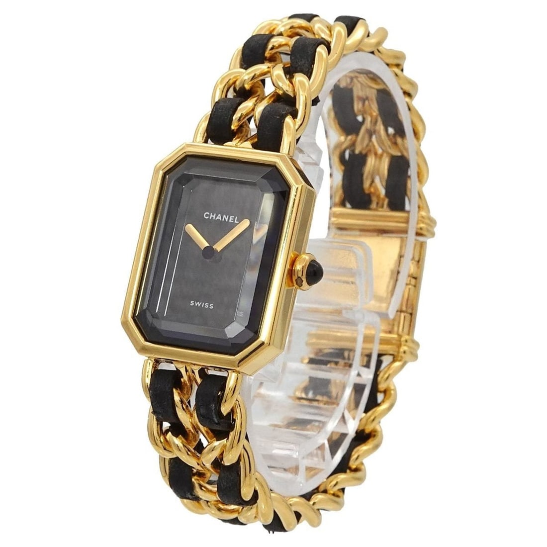 Chanel Premiere H0001 Women's Watch, Size M, Black & Gold, Quartz Movement.: --- Catalog ---Category: SizeWrist Size: 15cm / 5.9''Case Diameter: 20mm / 0.79''Category: DesignType: WristwatchGender: WomenColor (Dial): BlackMaterial (Band): Gold plated, Leather, Stainless steelM
