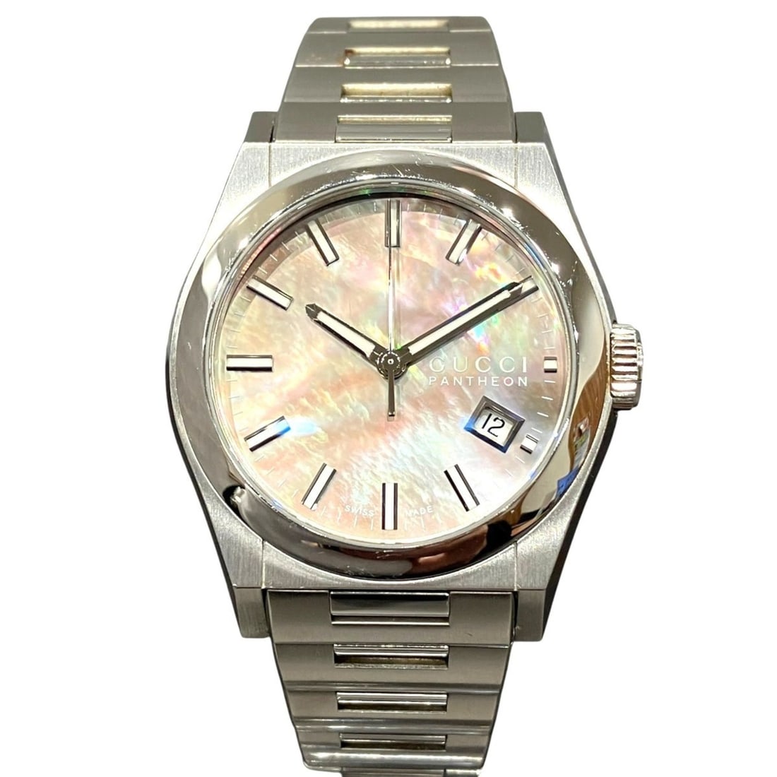 Gucci Pantheon watch, total weight 109.2g, stainless steel, quartz movement, black mother-of-pearl: --- Catalog ---Category: SizeWrist Size: 17cm / 6.69''Case Diameter: 36mm / 1.42''Category: DesignType: WristwatchGender: Men,WomenColor (Dial): Black shellMaterial (Band): Stainless steelMaterial (Ca