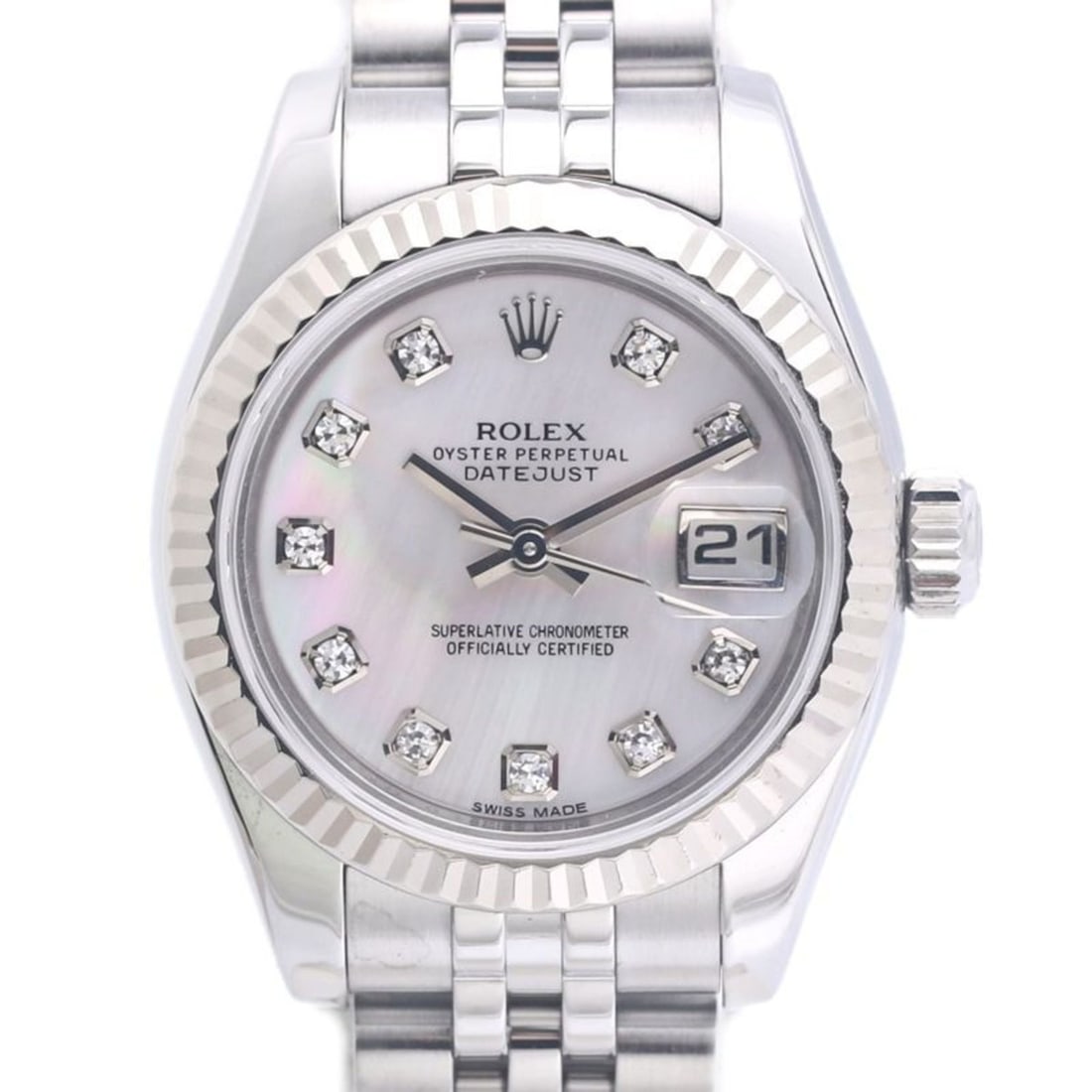 ROLEX Datejust 10P Diamond White Mother-of-Pearl 179174NG Women's Watch 18K Gold x Stainless Steel: --- Catalog ---Category: SizeWrist Size: 16.5cm / 6.49''Case Diameter: 26mm / 1.02''Category: DesignType: WristwatchGender: WomenColor (Dial): White shellMaterial (Band): Stainless steel, White gold (