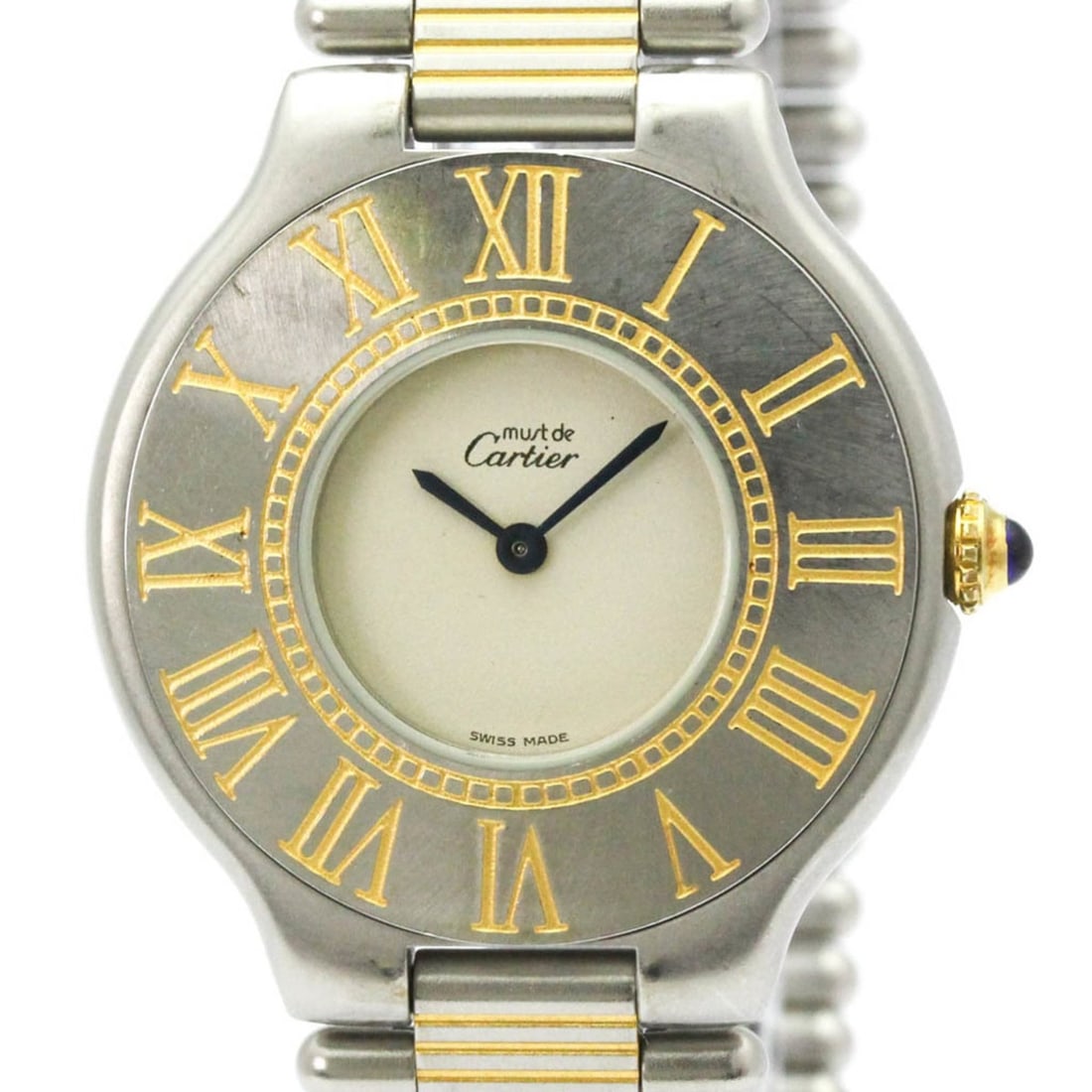 CARTIER Must 21 Gold Plated Steel Quartz Unisex Watch W10050F4: --- Catalog ---Category: SizeCase Diameter: 31mm / 1.22''Category: DesignType: WristwatchStyle: Dress/FormalGender: UnisexColor (Dial): SilverMaterial (Band): Gold plated, Stainless steelMaterial (Cas