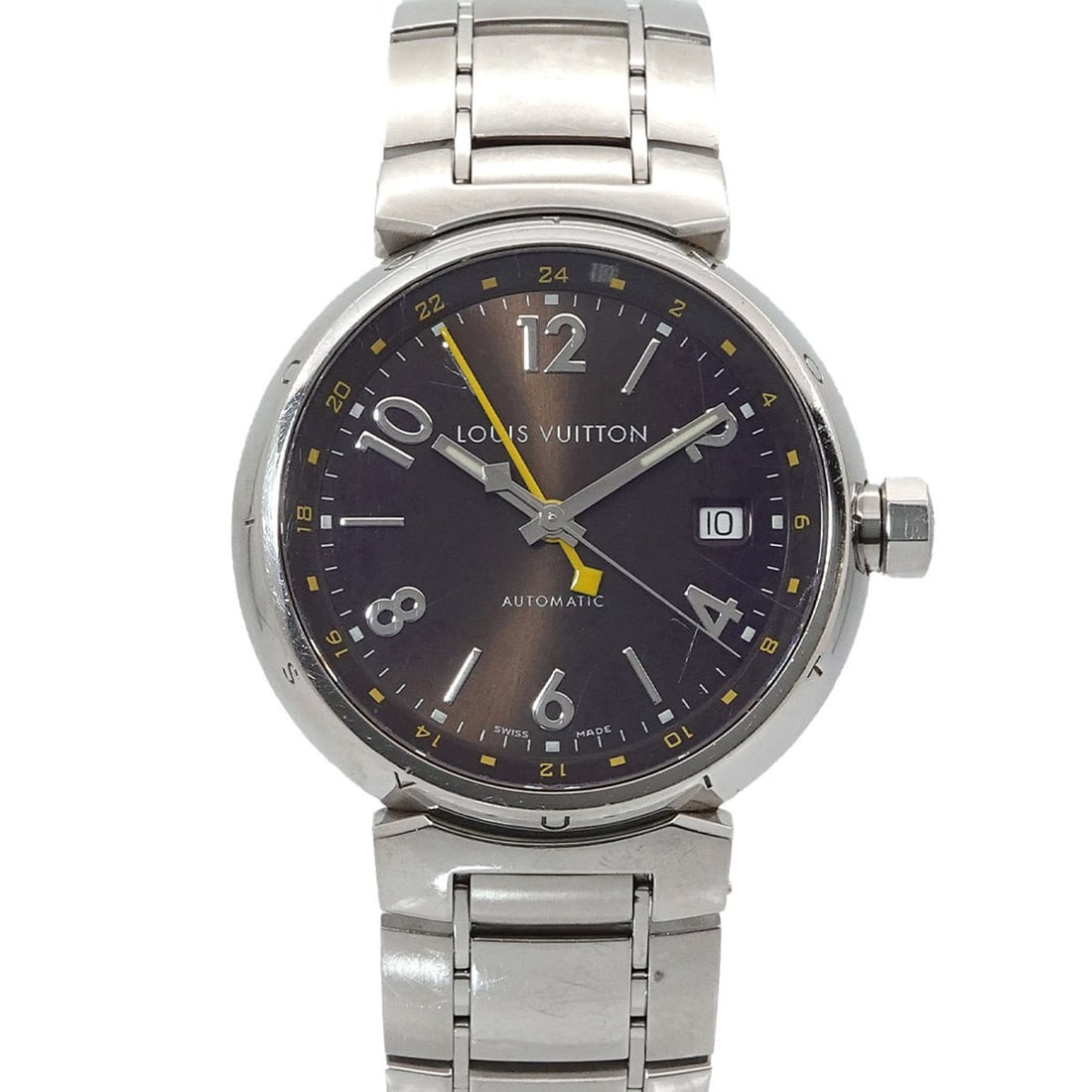 Louis Vuitton Tambour GMT Q1131 Men's Watch, Date, Brown, Automatic Movement: --- Catalog ---Category: SizeWrist Size: 17cm / 6.69''Case Diameter: 39mm / 1.54''Category: DesignType: WristwatchGender: MenColor (Dial): BrownMaterial (Band): Stainless steelMaterial (Case): Stainle