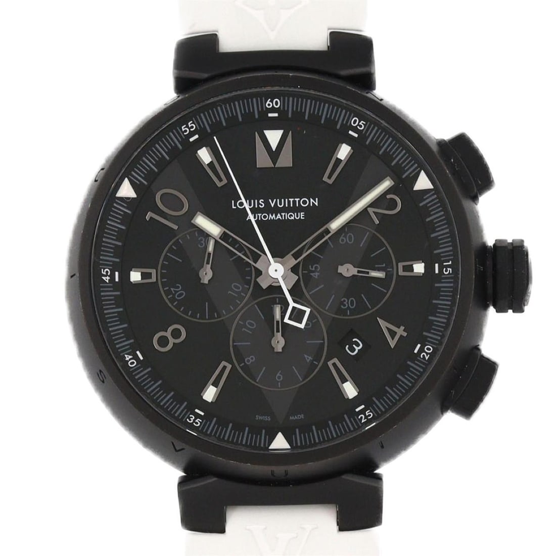 Louis Vuitton Tambour All Black Chronograph Q1A62 SS Automatic Watch: --- Catalog ---Category: SizeCase Diameter: 46mm / 1.81''Category: DesignType: WristwatchGender: MenColor (Dial): BlackMaterial (Band): RubberMaterial (Case): Stainless steelCategory: GeneralMPN: Q1A6