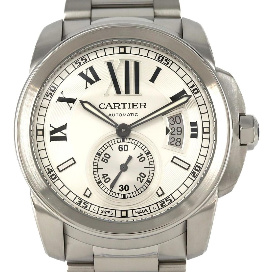 Cartier Calibre de LM W7100015 SS Automatic Watch: --- Catalog ---Category: SizeWrist Size: 19cm / 7.48''Case Diameter: 42mm / 1.65''Category: DesignType: WristwatchGender: MenColor (Dial): SilverMaterial (Band): Stainless steelMaterial (Case): Stainl