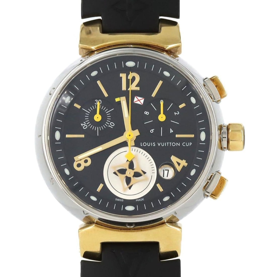 Louis Vuitton Tambour Chronograph Q1325 SSxGP Quartz Watch: --- Catalog ---Category: SizeCase Diameter: 39mm / 1.54''Category: DesignType: WristwatchGender: WomenColor (Dial): BlackMaterial (Band): RubberMaterial (Case): Gold plated, Stainless steelCategory: G