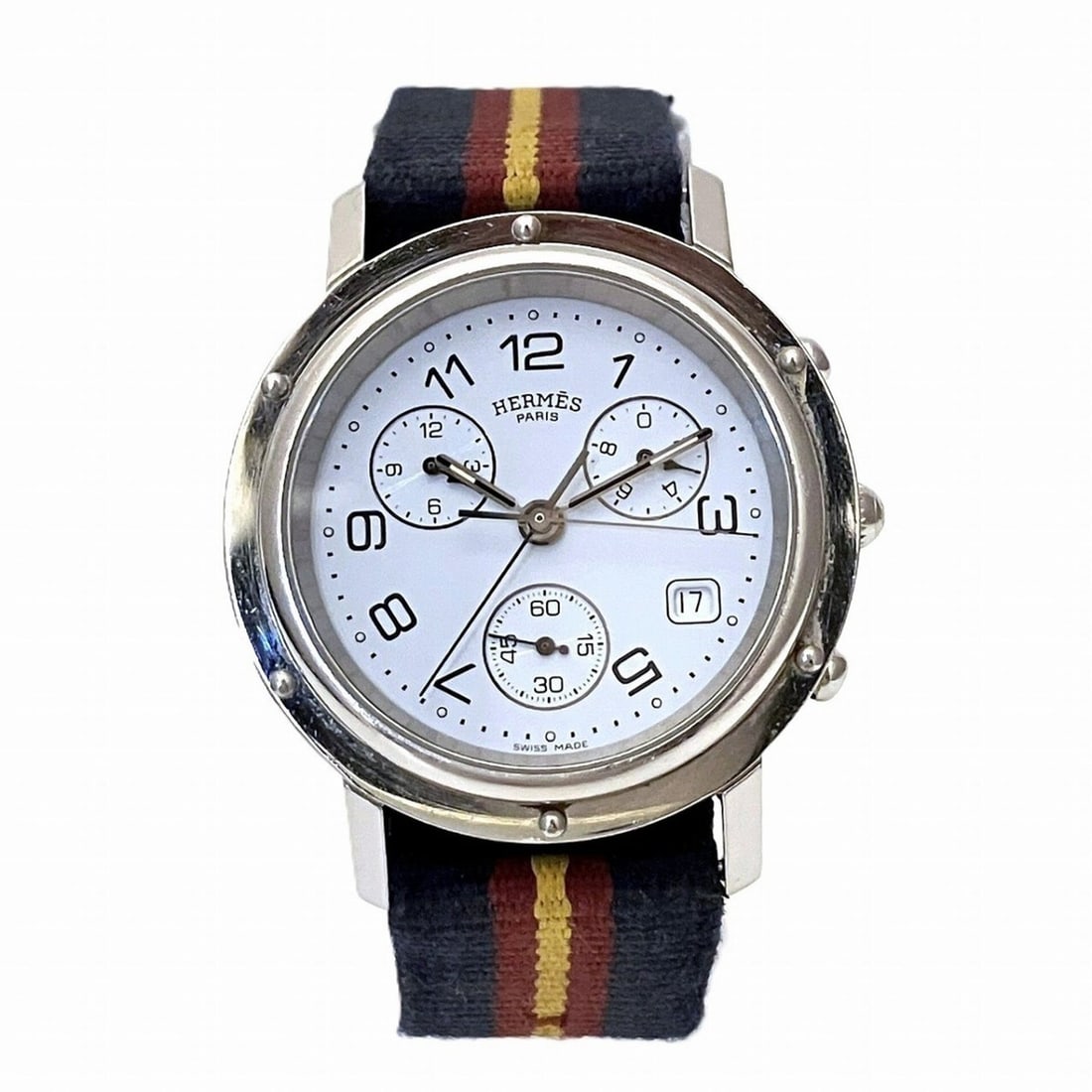 Hermès Clipper Watch, 57.4g, Stainless Steel Quartz Movement, White Dial, CL1.910, Free Shipping: --- Catalog ---Category: SizeWrist Size: 13cm - 20cm / 5.11'' - 7.87''Case Diameter: 38.3mm / 1.51''Category: DesignType: WristwatchGender: Men,WomenColor (Dial): WhiteMaterial (Case): Stainless steel