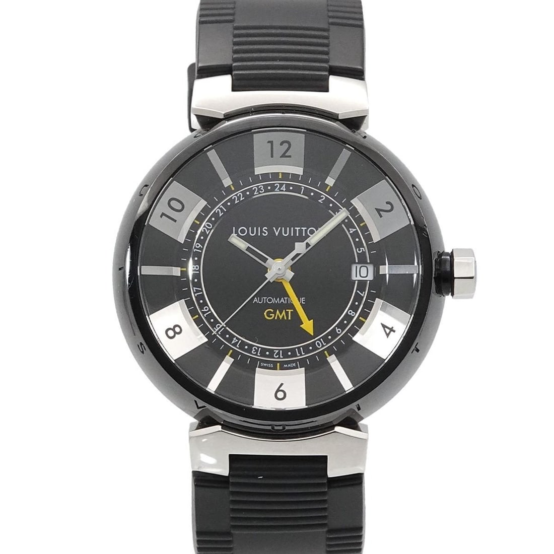 Louis Vuitton Tambour in Black GMT Q113K Men's Automatic Watch with Date Display: --- Catalog ---Category: SizeWrist Size: 15.5cm - 20cm / 6.1'' - 7.87''Case Diameter: 41mm / 1.61''Category: DesignType: WristwatchGender: MenColor (Dial): Black, SilverMaterial (Band): RubberMaterial