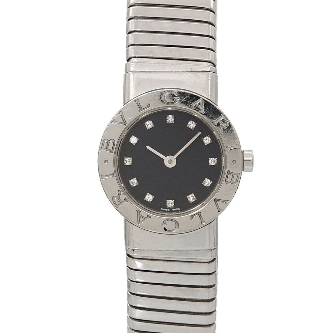 BVLGARI Tubogas BB232TS Women's Watch with 12 Diamonds, Date Display, Black Quartz Movement: --- Catalog ---Category: SizeWrist Size: 15cm / 5.9''Case Diameter: 23mm / 0.91''Category: DesignType: WristwatchGender: WomenColor (Dial): BlackMaterial (Band): Stainless steelMaterial (Case): Stainl