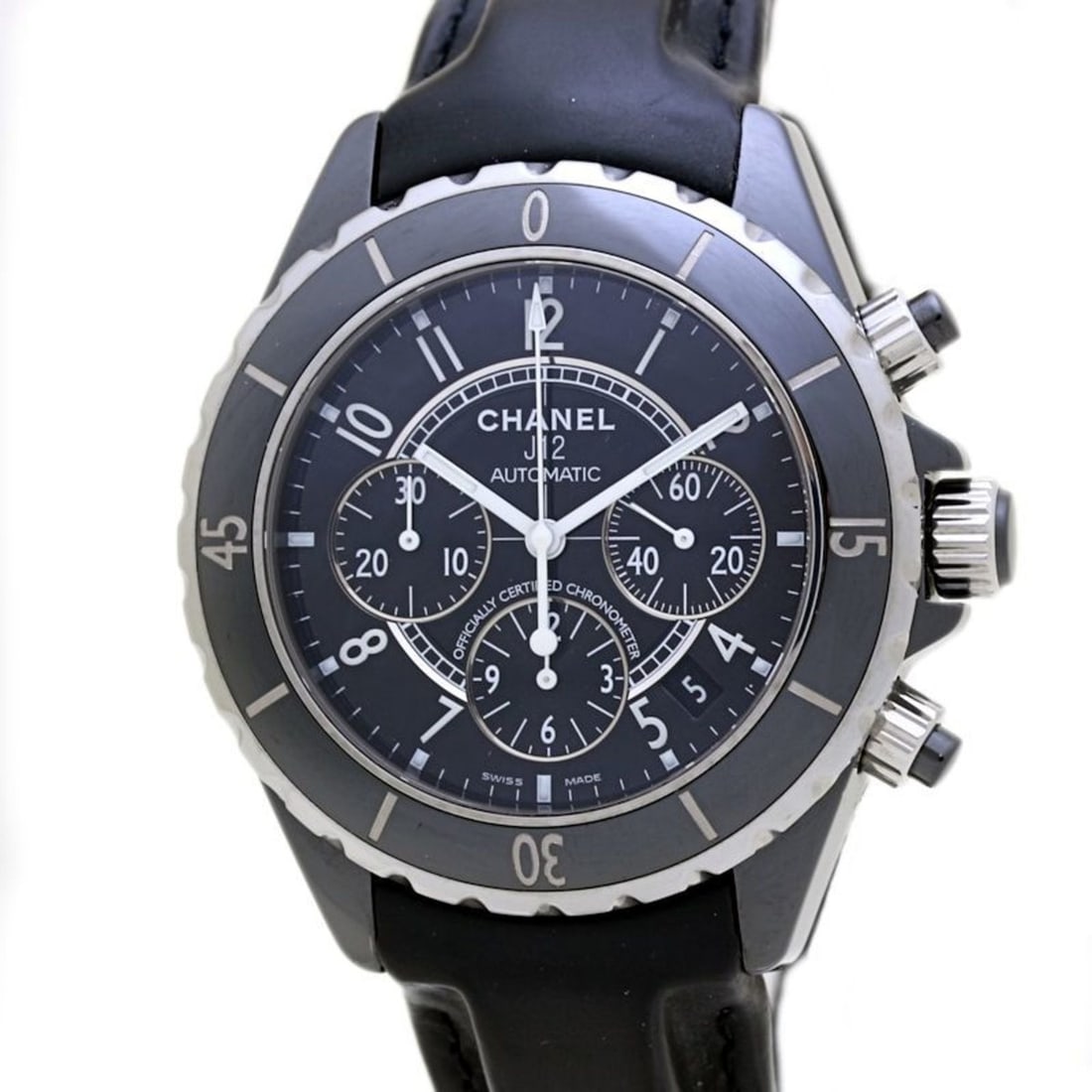 CHANEL J12 Chronograph Date H0938 Men's Watch in Black Ceramic, Stainless Steel, and Leather Finish (1 of 10)
